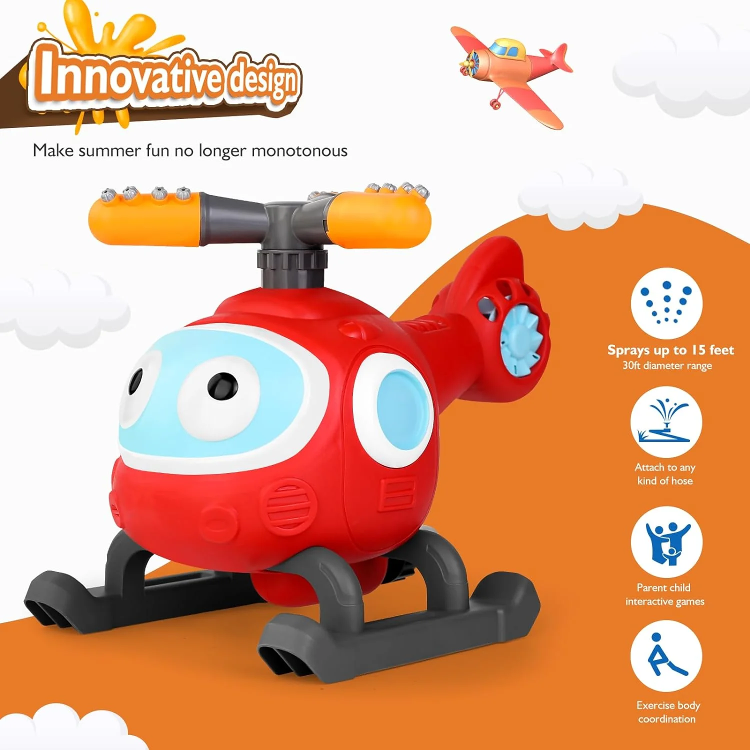 2-in-1 Water Sprinkler Baseball Helicopter Toy for Kids Outdoor Play, Attaches to Garden Hose, Summer Outside Toys Lawn Backyard Game Pool Party for Kids Age 3 4 5 6 7 8, 12 Gift