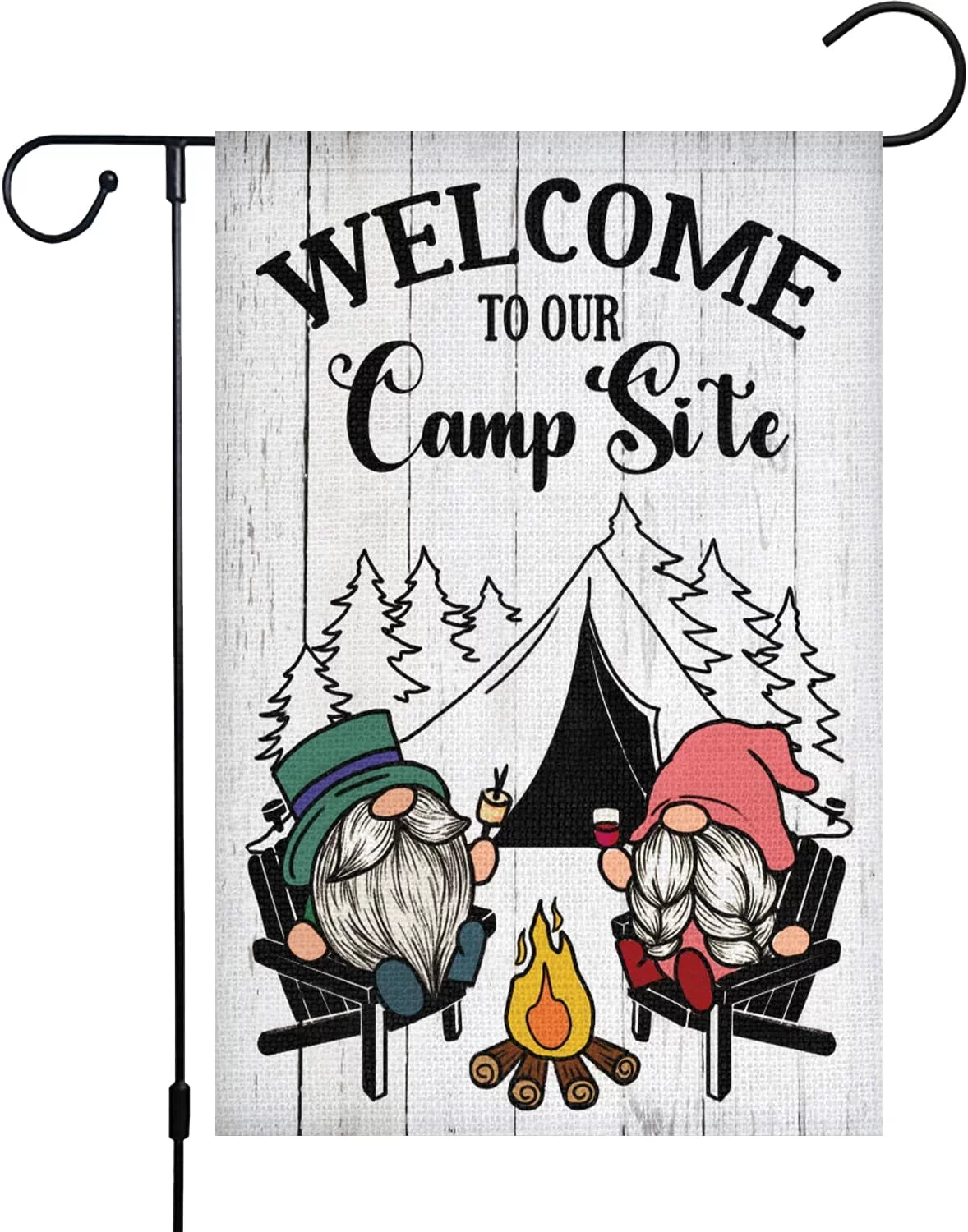 Camping Camper Gnome Garden Flag for Campsite Vertical 30x45 cm Double Sided,Welcome to Our Camp Site Small Camping Flags Outdoor Fire Pit Camper Camping Campsite Decoration (ONLY FLAG)