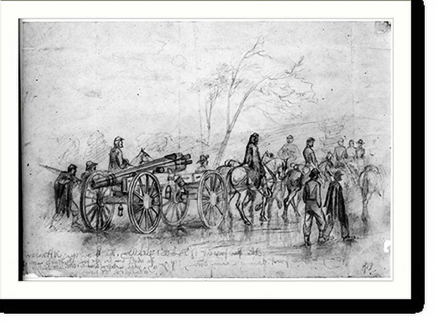 Historic Framed Print, The pursuit of Gen. Lee's rebel army. The heavy guns - 30 pounders - going to the front during a rain storm.E.F., 17-7/8