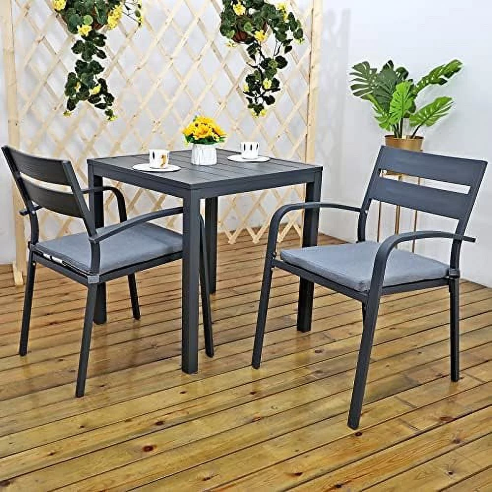 DSZBNUIO 3-Piece Patio  Aluminum Patio Table and Chairs with Cushion Outdoor Dining Table Set  Dark Grey Finish & Grey Cushion