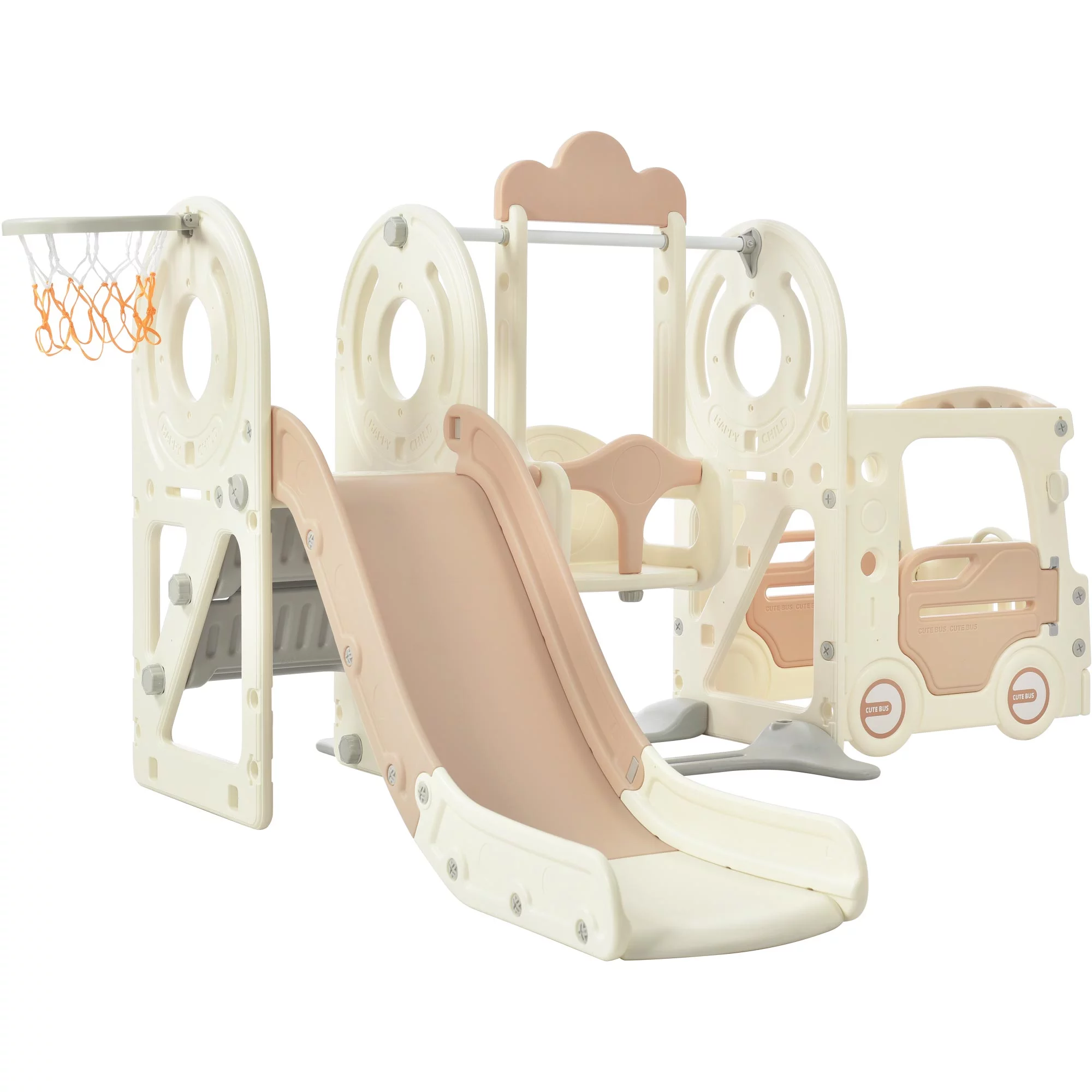 CoSoTower Kids Swing-N-Slide with Bus Play Structure, Freestanding Bus Toy with Slide&Swing for Toddlers, Bus Slide Set with Basketball Hoop