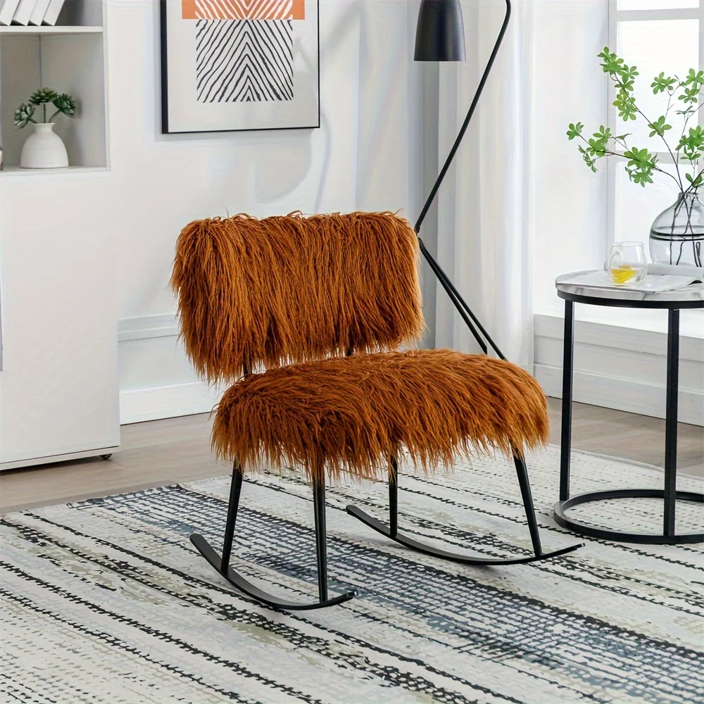 Artificial fur plush rocking chairs, elderly and   care chairs with metal rocking chairs, fluffy cushioned glider chairs, comfortable medieval modern living room chairs, bedroom chairs (Caramel)