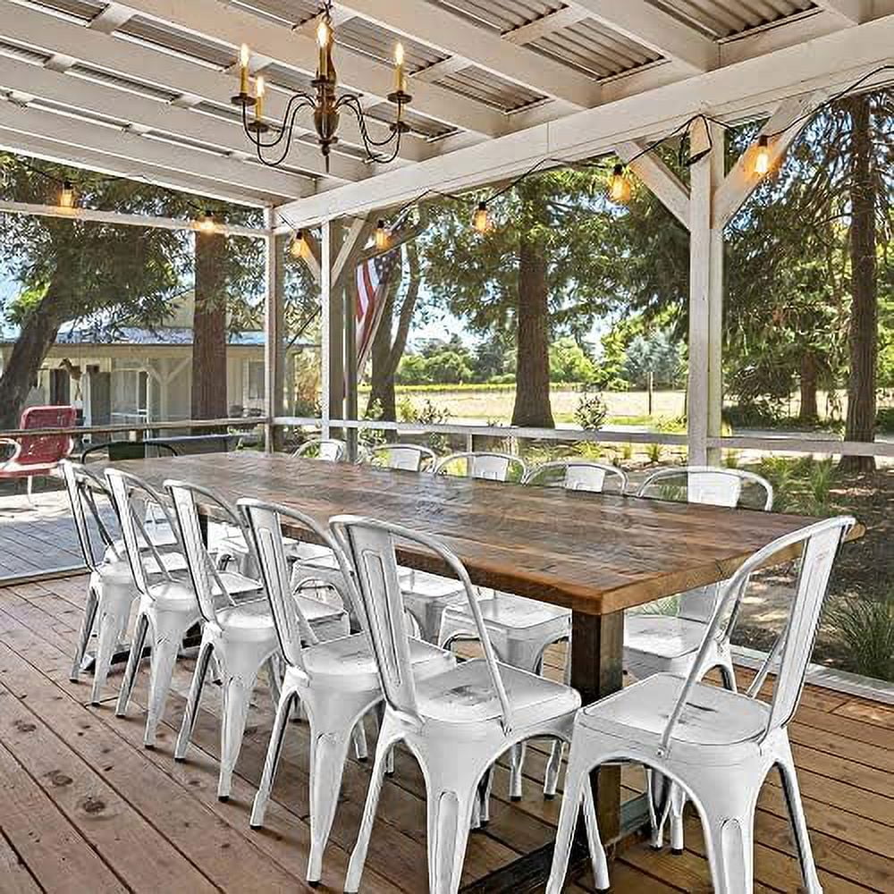 DIKTESSE Metal Kitchen Dining Chairs Indoor-Outdoor Distressed Style Stackable Side Coffee Chairs in Distressed White  Set of 4