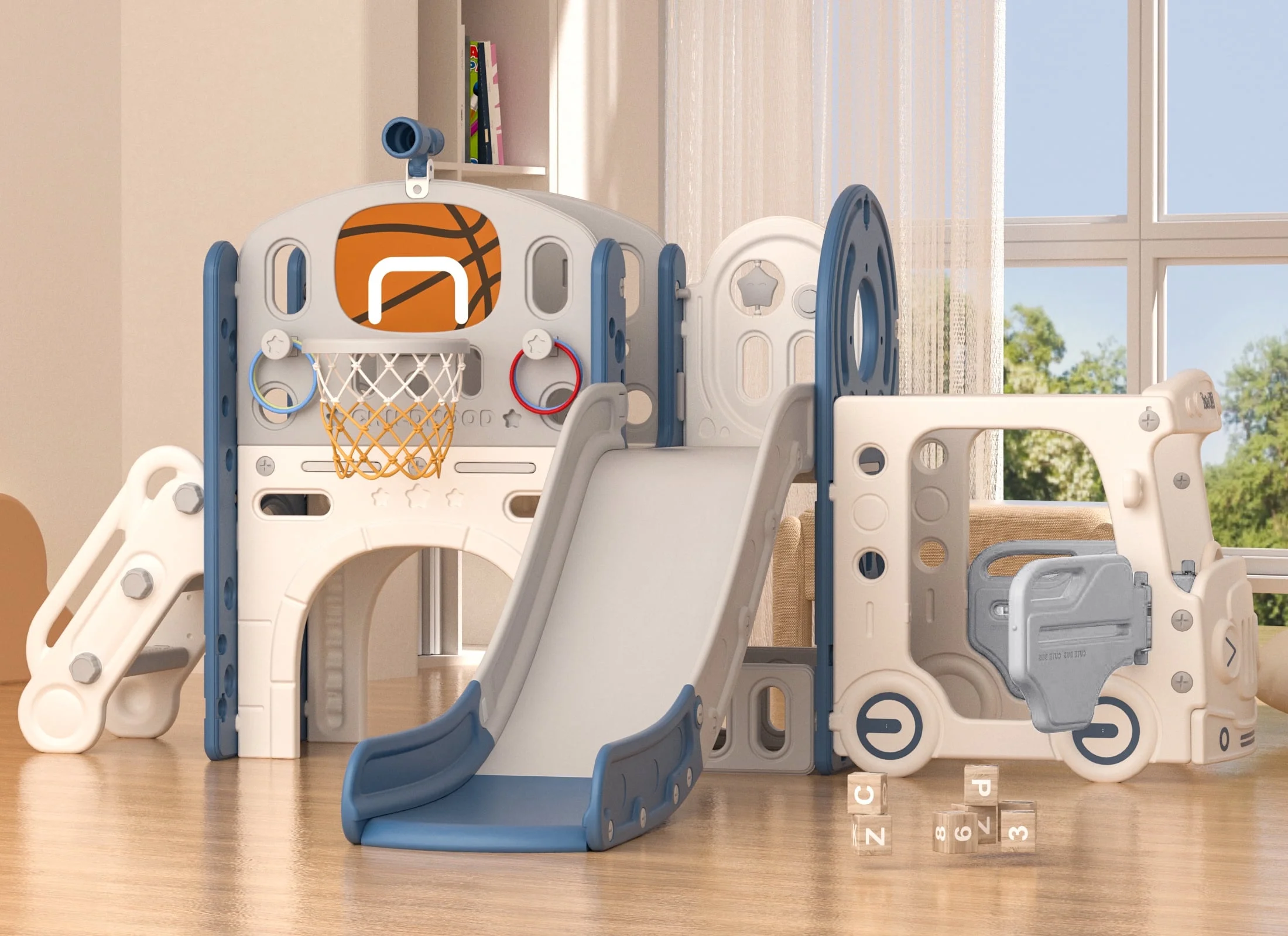 XJD 10-in-1 Toddler Slide, Kids Slide with Bus Playhouse, Climber, Basketball Hoop, Ring Toss, Tunnel, Telescope and Storage Space,Outdoor Slide for Toddlers Age 1-3, Blue Gray