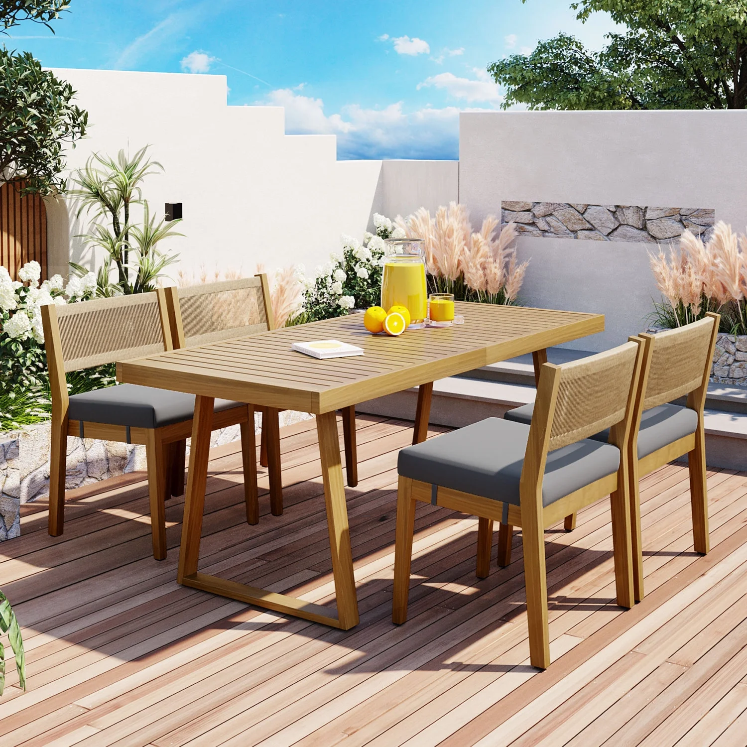 U_Style Multi-person Outdoor Acacia Wood Dining Table and Chair Set  Thick Cushions  Suitable for Balcony  Vourtyard  and Garden.