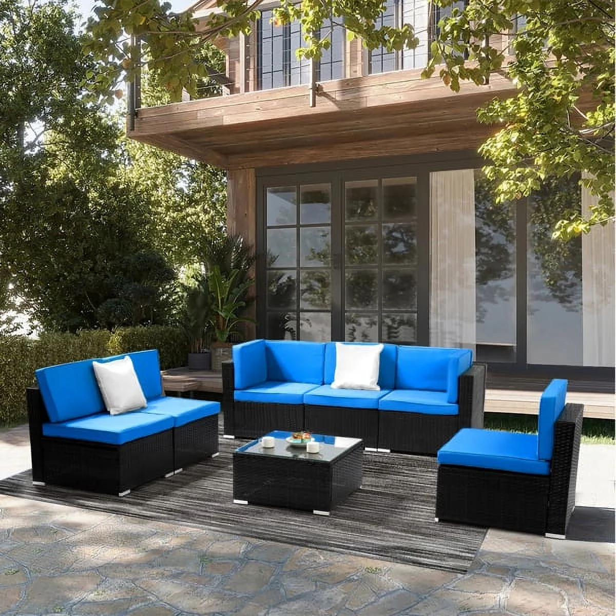 SYTHERS 7 Pieces Outdoor Patio Furniture Set, Modular Patio Set, Wicker Sectional Sofa Set, PE Rattan Patio Conversation Sets with Cushions and Coffee Table, for Outside, Garden, Poolside, Porch
