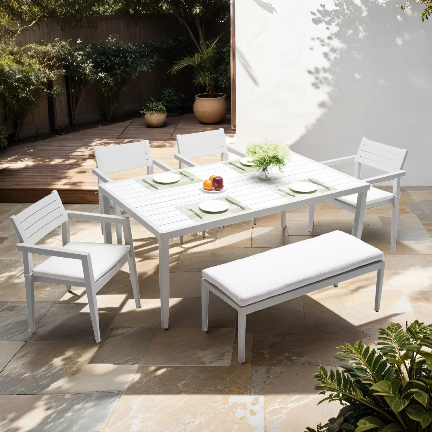 Contemporary 6PC Outdoor Dining Set - Modern Aluminum Patio Furniture with Sunbrella Fabric Cushioned Chairs  Bench  and Two-tone Table. Matte White+Grayish Rectangle Table with Umbrella