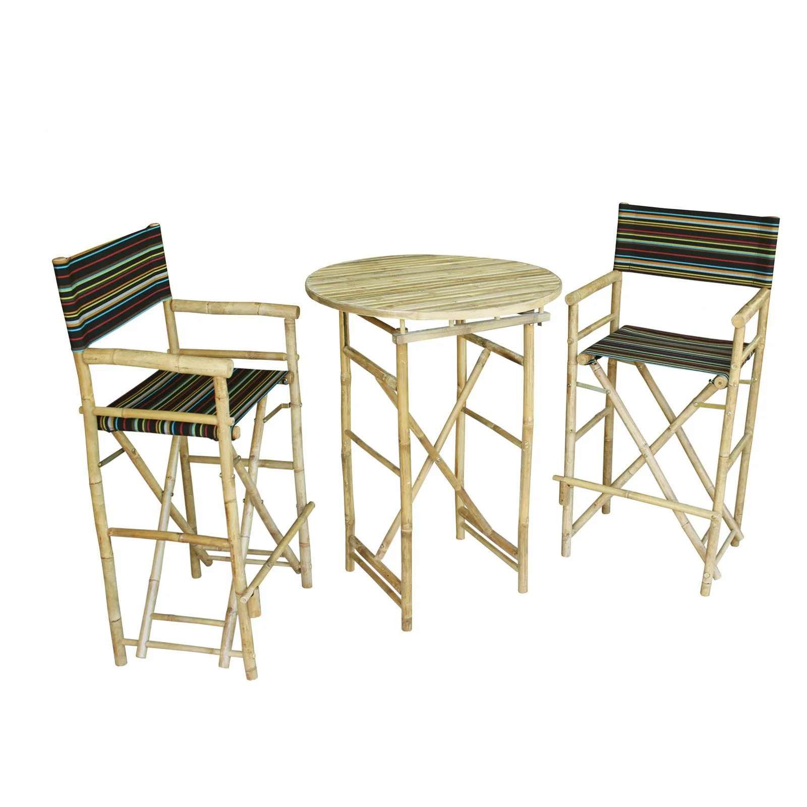 Zew Hand Crafted 3 Piece Round Folding Bamboo Bar Height Patio Dining Set