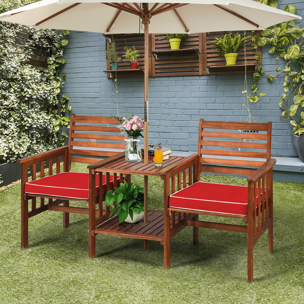 3 Pcs Outdoor Patio Table Chairs Set Acacia Wood Loveseat with Red Cushions