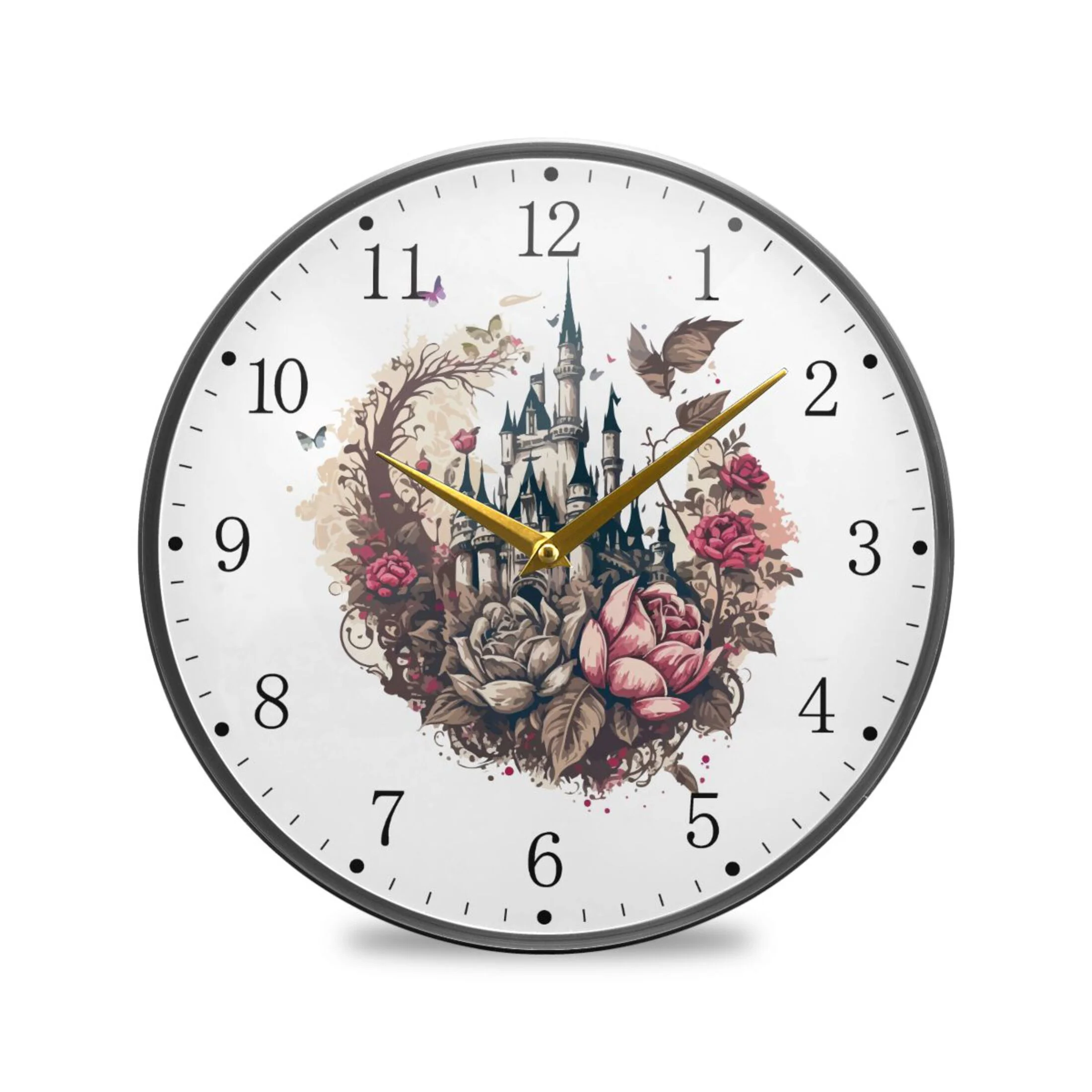 Castle in Watercolor Acrylic Wall Clocks Quiet Round Clock Battery Operated Non-Ticking Clock for Bedroom Kitchen Office Decorative 9.5 Inch
