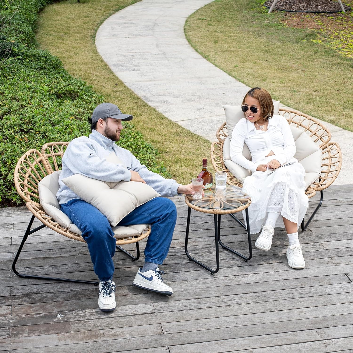 NALONE 3 Pieces Bistro Set Wicker Patio Conversation Set, All-Weather Acapulco Chairs with Tempered Glass Table, Woven Rope Furniture Set Ideal for Garden, Deck, Backyard