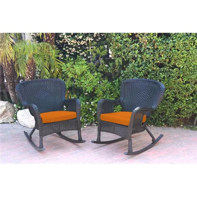 W00214-R-2-FS016 Windsor Black Resin Wicker Rocker Chair with Orange Cushion - Set of 2