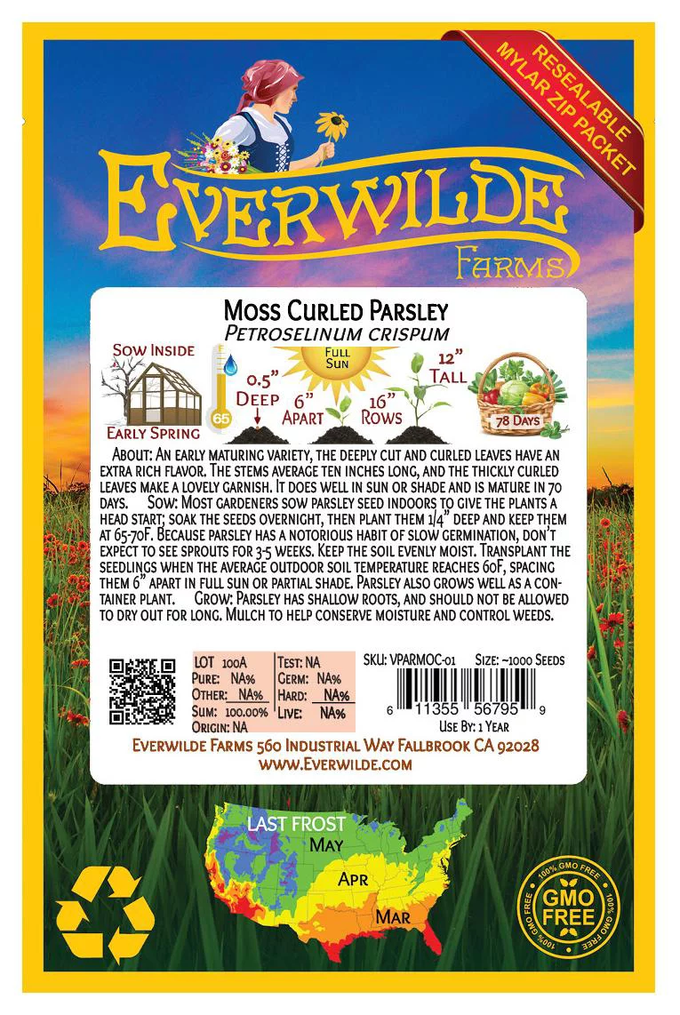 Everwilde Farms - 1000 Moss Curled Parsley Seeds - Gold Vault Jumbo Bulk Seed Packet