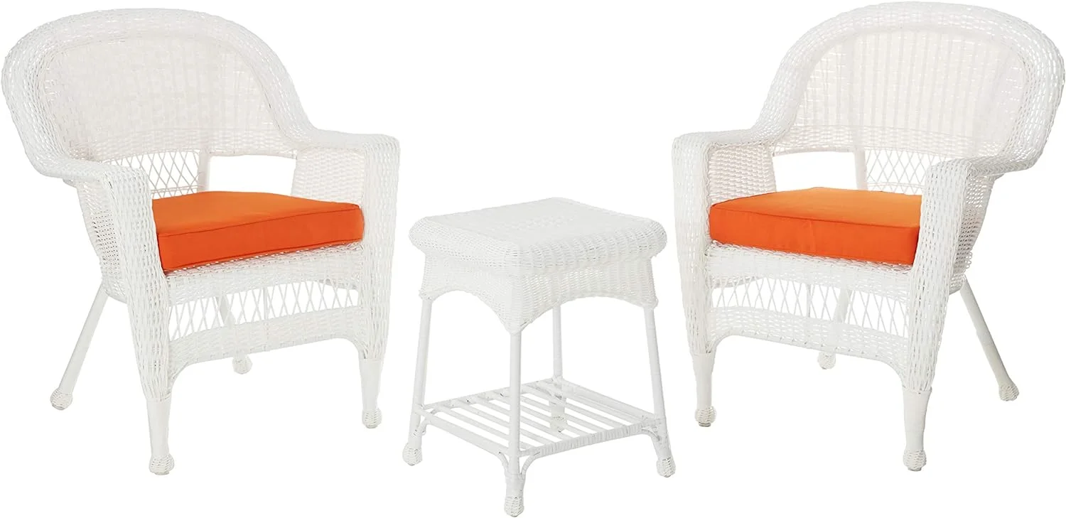 3 Piece Wicker End Table Set with with Orange Chair Cushion, White