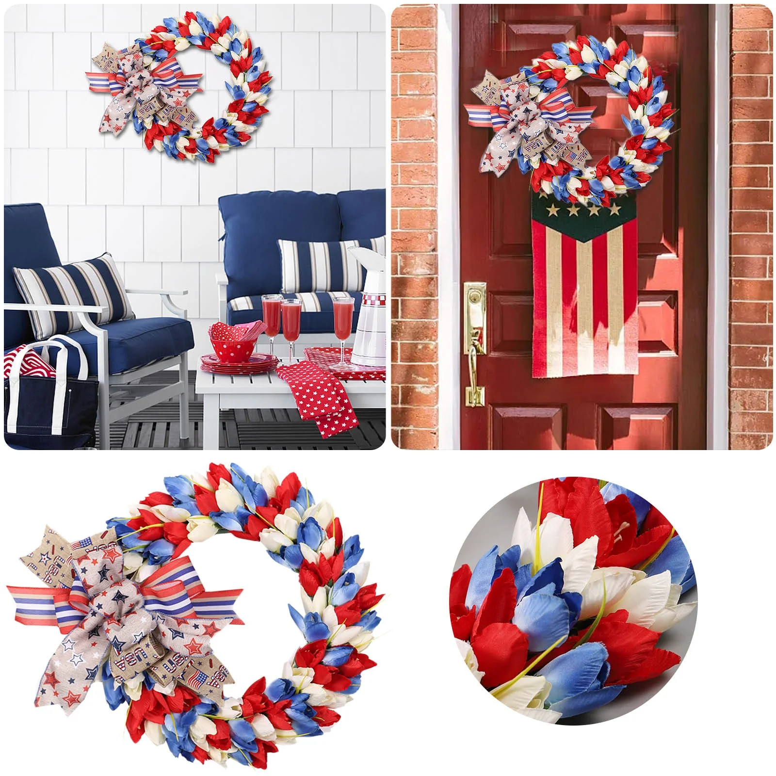 Patriotic Wreath For Front Door Decor 4th Of July Independence Day Wreath Imitation Flower Tullip Bow Wreath Door Hanging Outdoor Patio Party Decorations Valentine Bows for Fireplace Wreaths Fall for