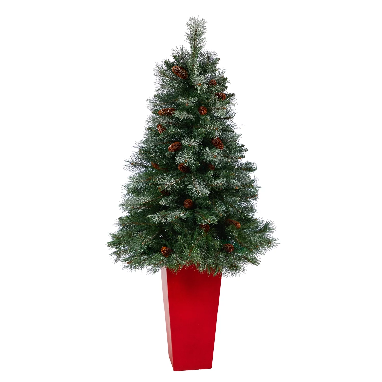 Nearly Natural 55in. Snowed French Alps Mountain Pine Artificial Christmas Tree with 237 Bendable Branches and Pine Cones in Red Tower Planter