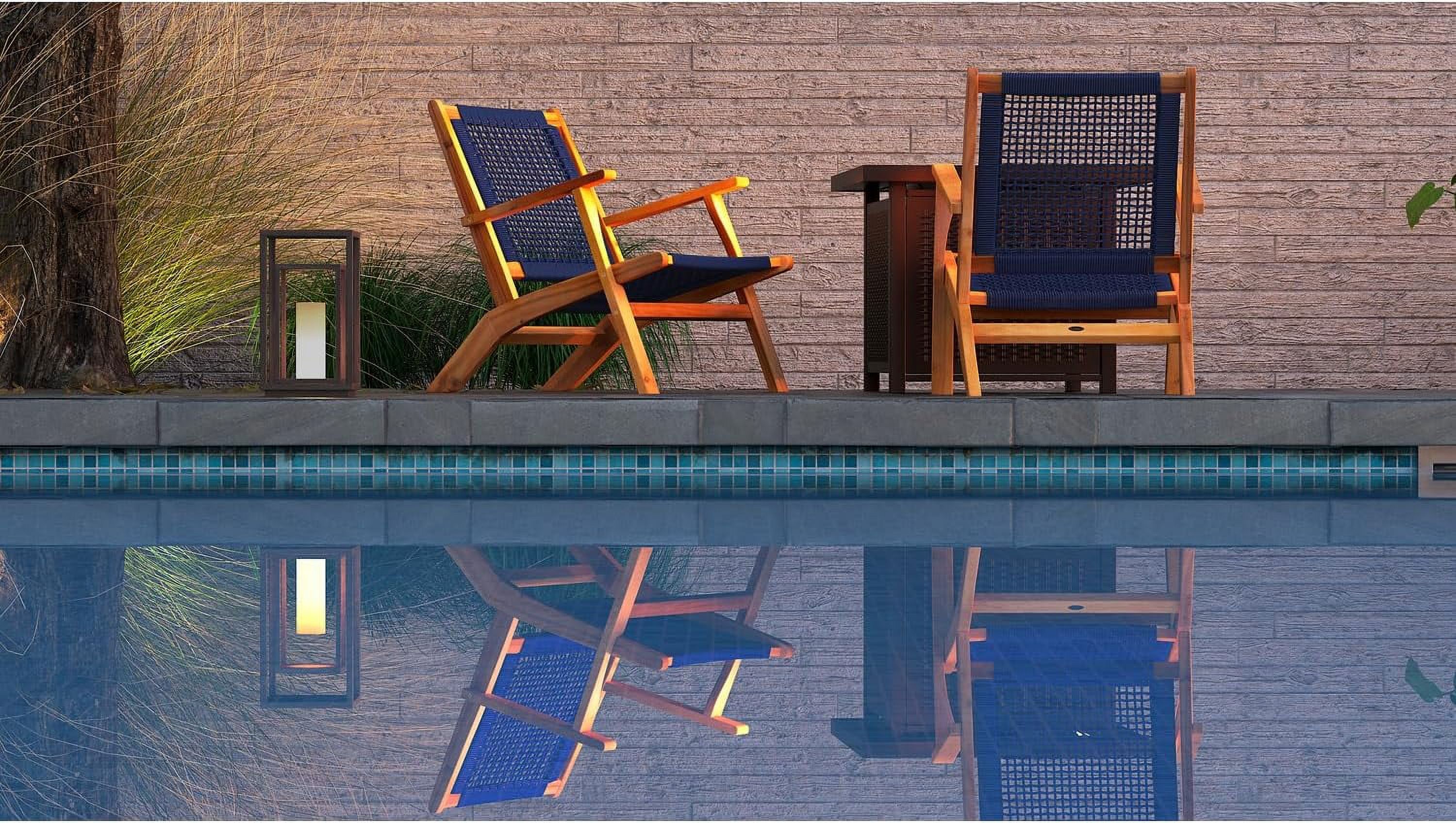 Patio Sense 63634 Vega Natural Stain Outdoor Chair Acacia Wood Construction Woven Web Seat Mid Century Design Comfortable Reclining Armchair Patio Lawn Garden Backyard Deck - Navy Blue Cording