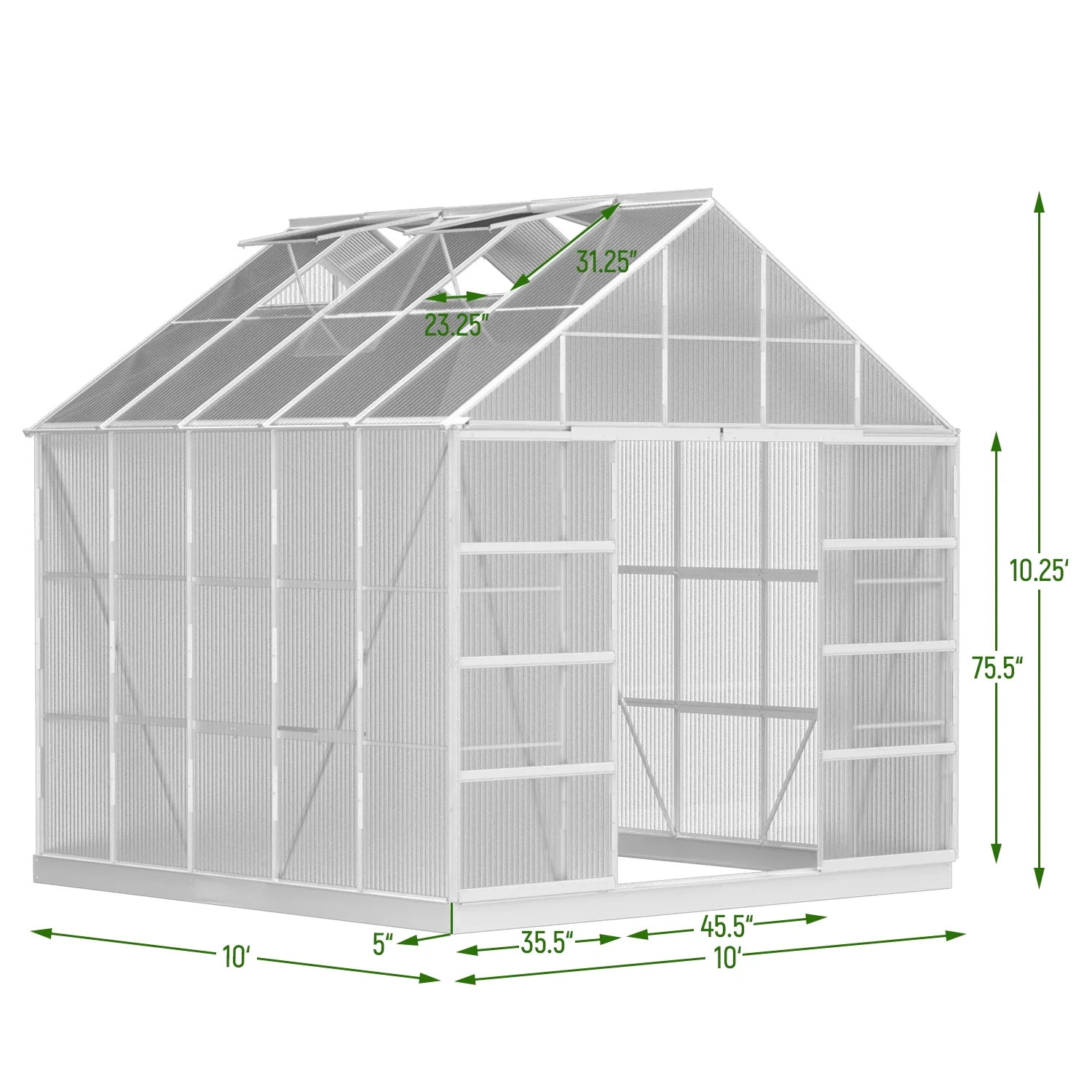 Hommow 10' x 10' Walk-in Hobby Greenhouse, Outdoor Sliver Aluminum Frame Polycarbonate Green House with Adjustable Roof Vent