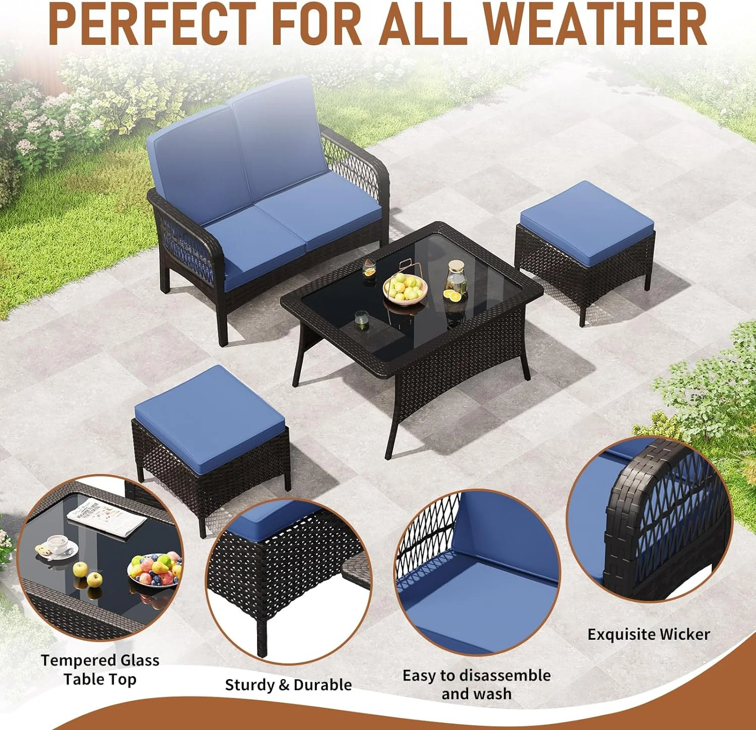 Dina Patio Furniture Set Outdoor Rattan Chair Wicker Sofa Garden Conversation Bistro Sets w/Loveseat for Yard Pool or Backyard (Sand  4PC-Loveseat+2 Ottoman)