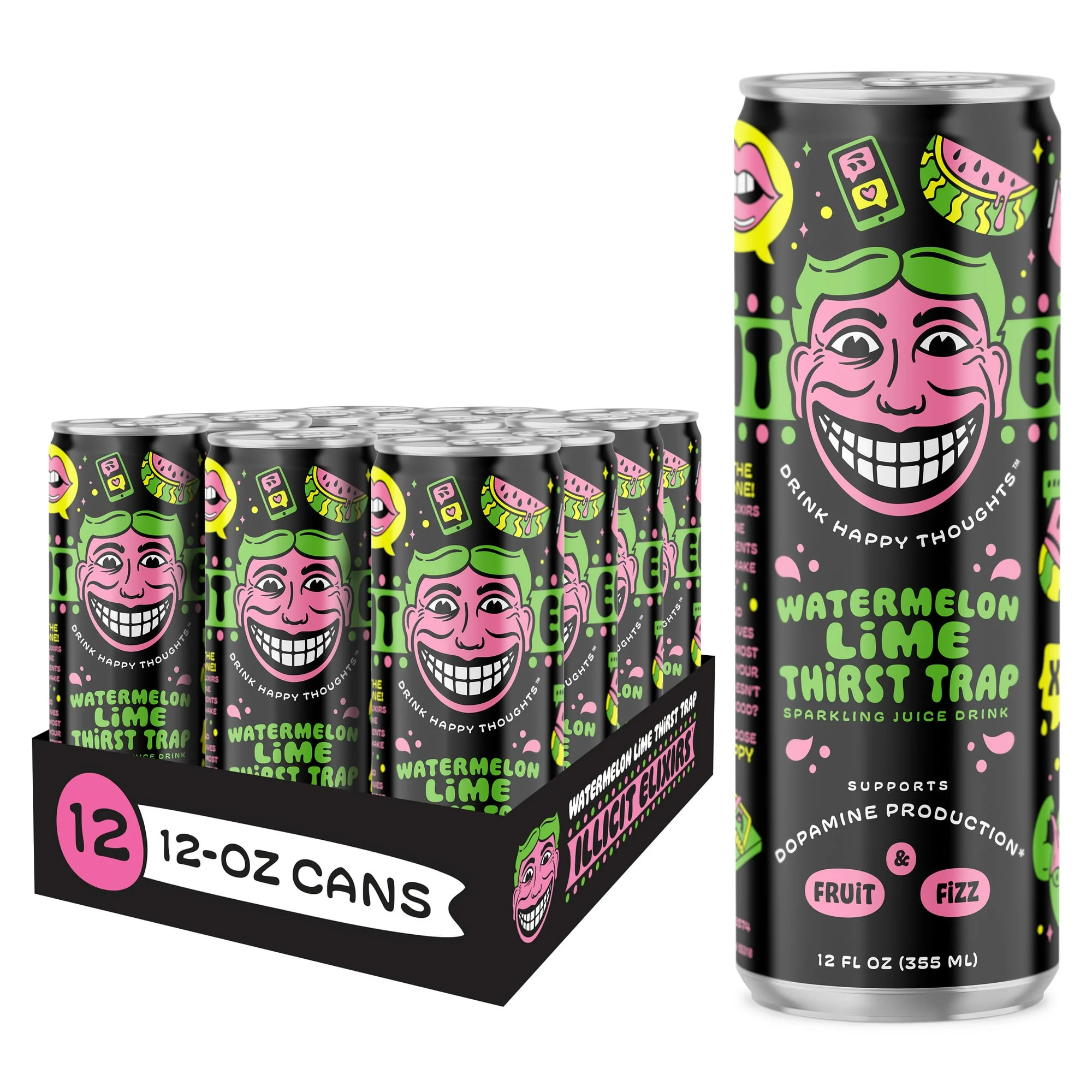 Illicit Elixirs Watermelon Lime Thirst Trap - Sparkling Juice Drink - Supports Dopamine Production - 12 Pack - 12 Oz Cans