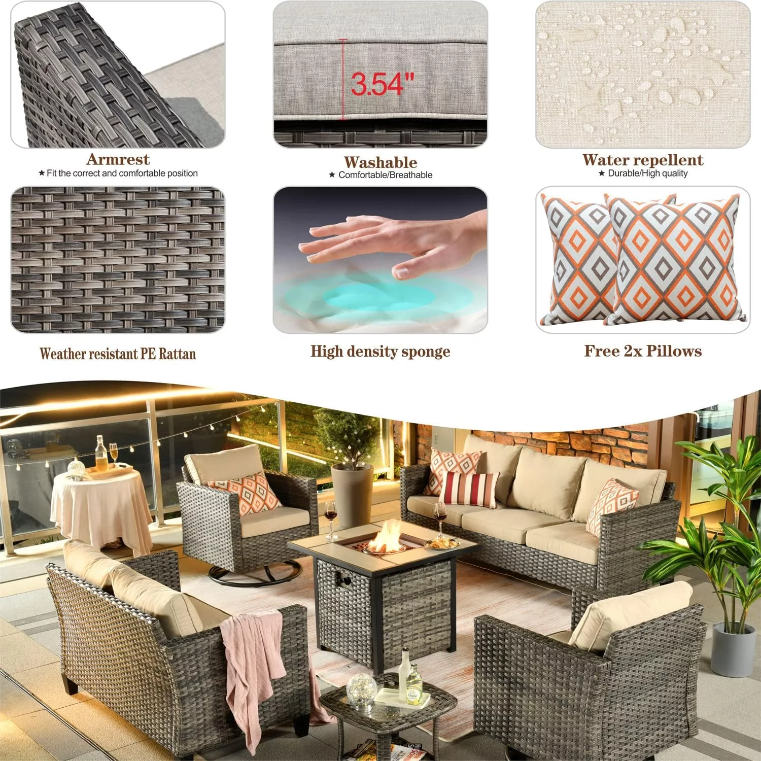 HOOOWOOO Patio Outdoor Conversation Set with Fire Pit Table 6 Pieces Outside  Sofa Set with PE Wicker Swivel Rocking Chairs Gas Fire Pit Table and Coffee  Denim Blue