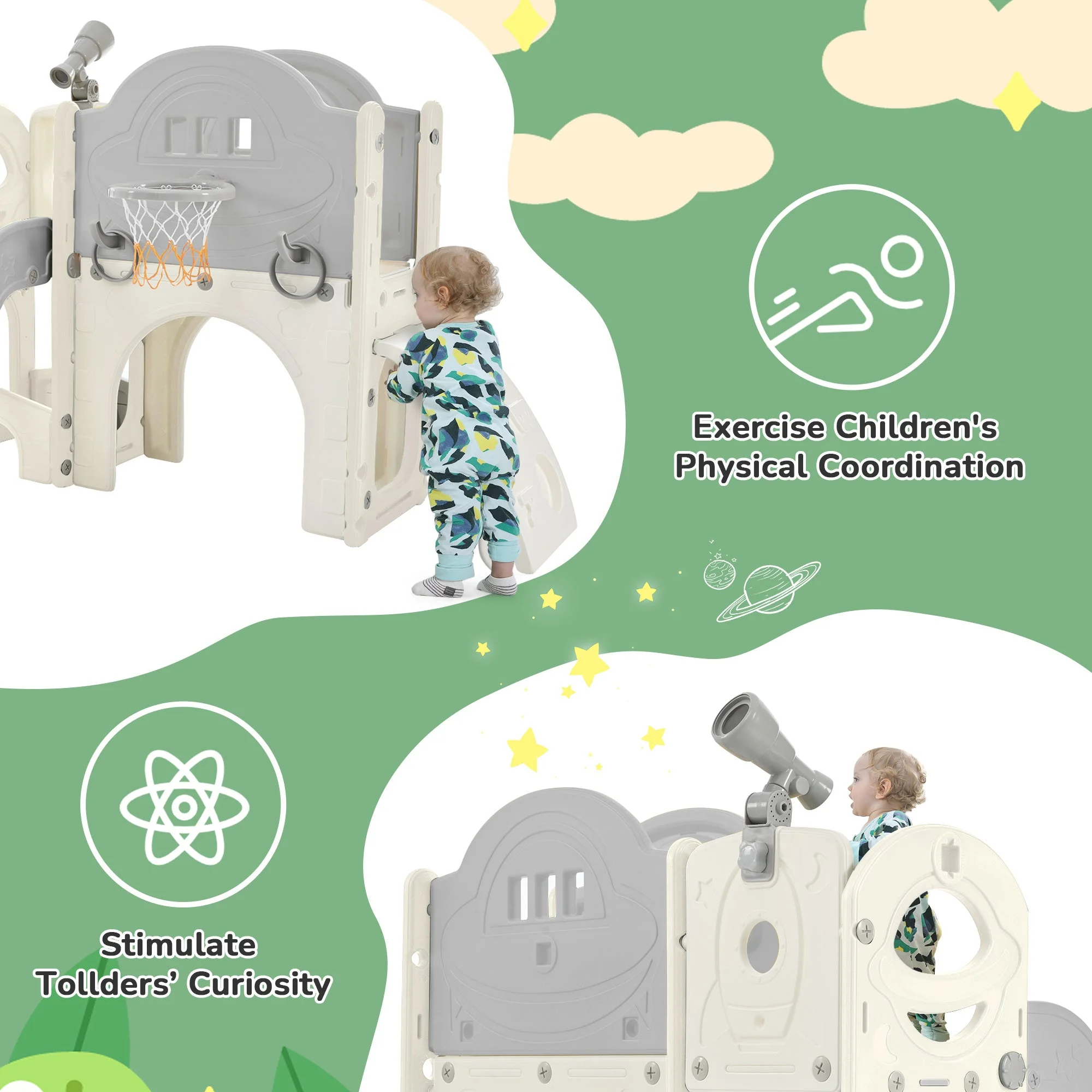 Kids Slide Playset Structure 7 in 1, Freestanding Spaceship Set with Slide, Arch Tunnel, Ring Toss and Basketball Hoop