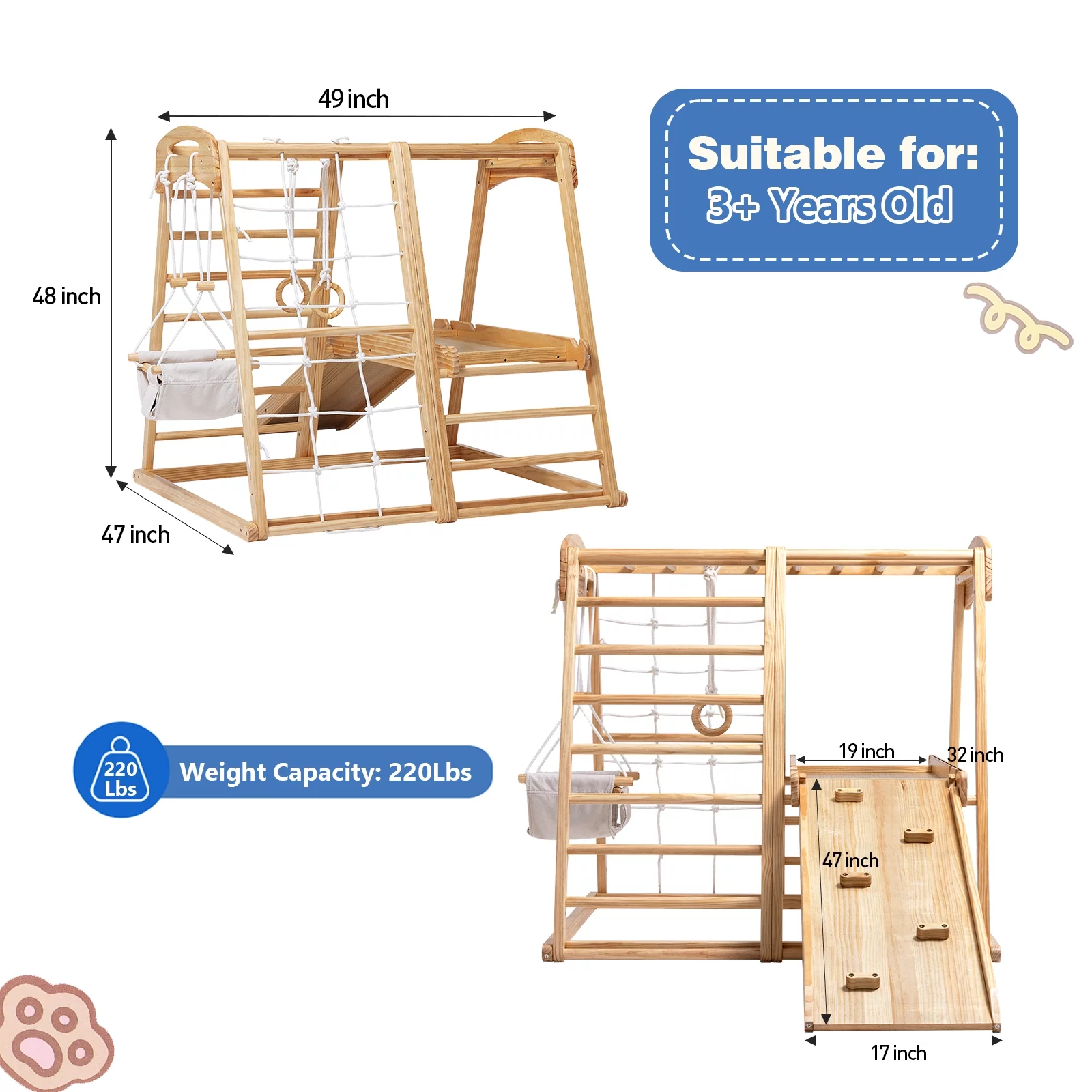 Fionafurn Wooden Toddler Playground Climbing Frame 7-in-1 Combo With Slide Indoor Swing Climbing Rock, Baby Family Amusement Park, Natural