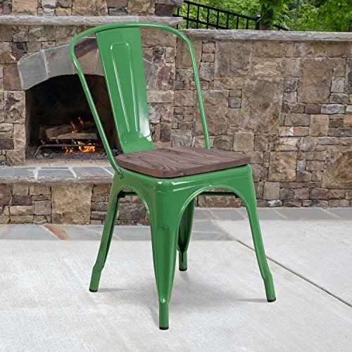 EMMA + OLIVER Green Metal Stackable Chair with Wood Seat