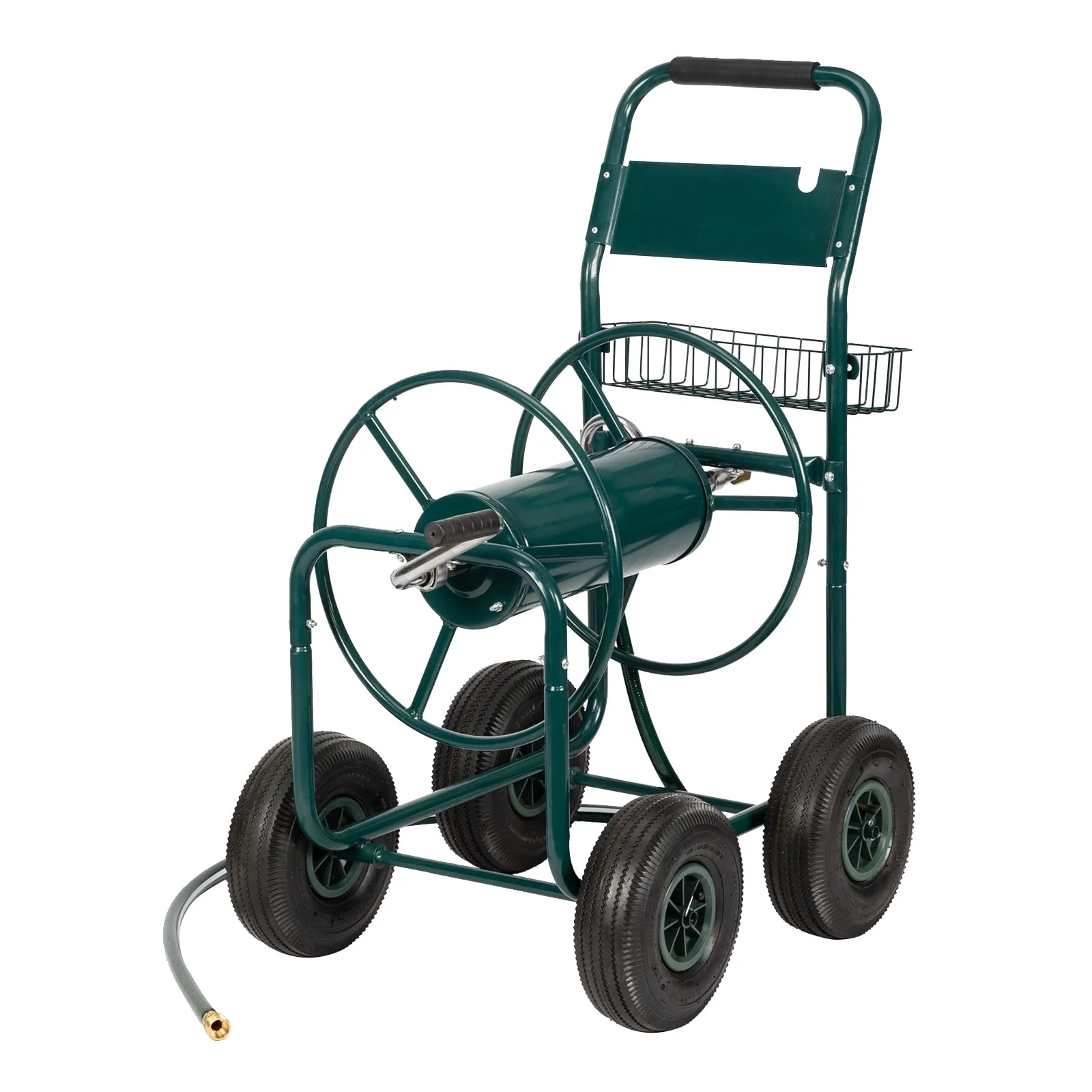 Yard Garden Water Hose Reel Cart Iron Four-Wheel Pipe Truck Dark, Green