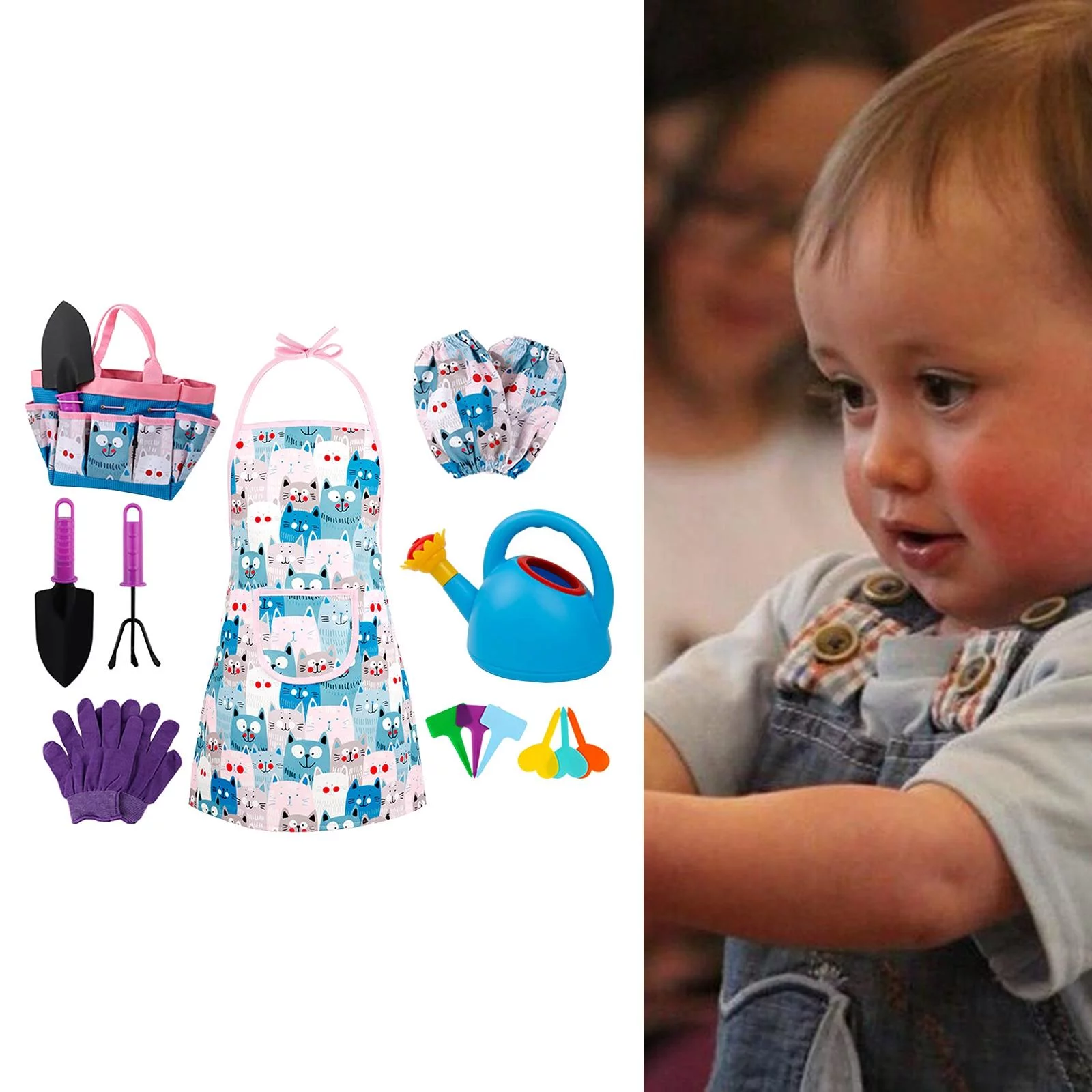 Kids Garden Tool Set, 6 Grounding Stakes, Blue Watering Can, Toddlers Gloves Cat Pattern Apron Child Rake Toys Birthday with Handbag Hand Tools