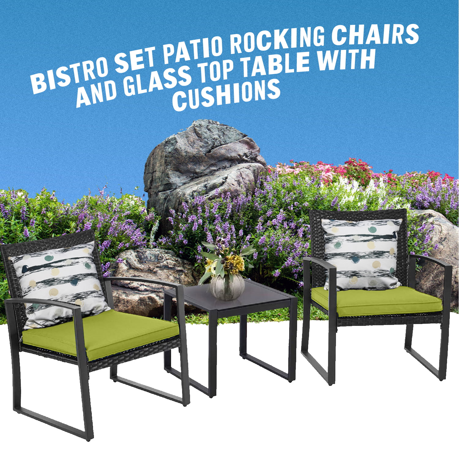 Outside 3-Piece Bistro Set Black Wicker Furniture-Two Chairs with Glass Coffee Table