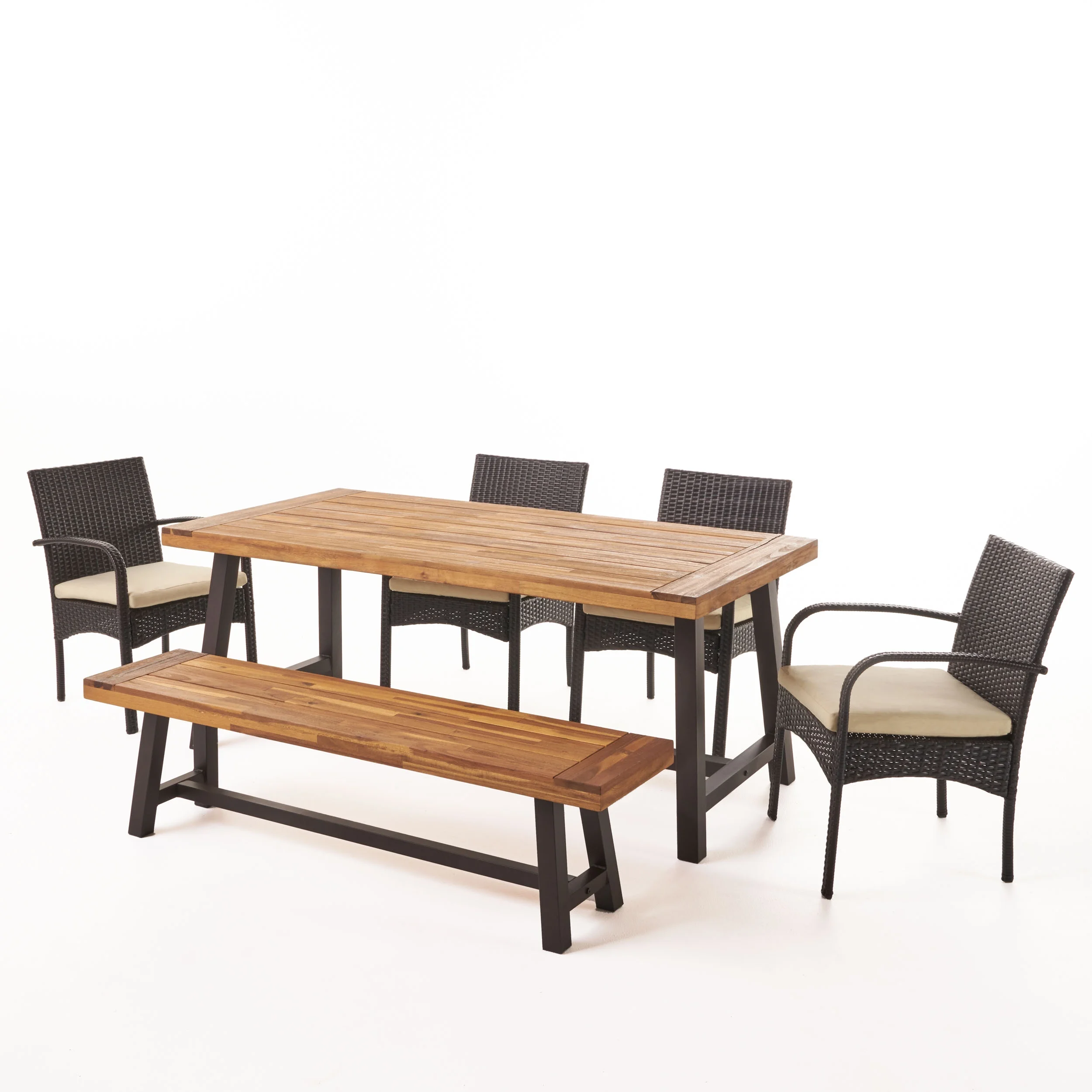 Carolina 6 Piece Iron and Acacia Wood Dining Set with Wicker Stacking Chairs, Sandblast Finish, Rustic Metal, Multibrown, Crème