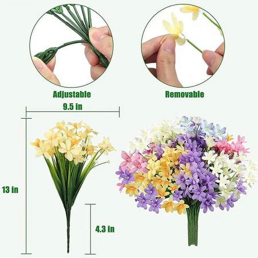 8 Bundles Artificial Flowers Daffodils Outdoor UV Resistant Fake Plants Faux Plastic Flower in Bulk for Hanging Planters Outside Home Window Wedding Decor (Champagne)