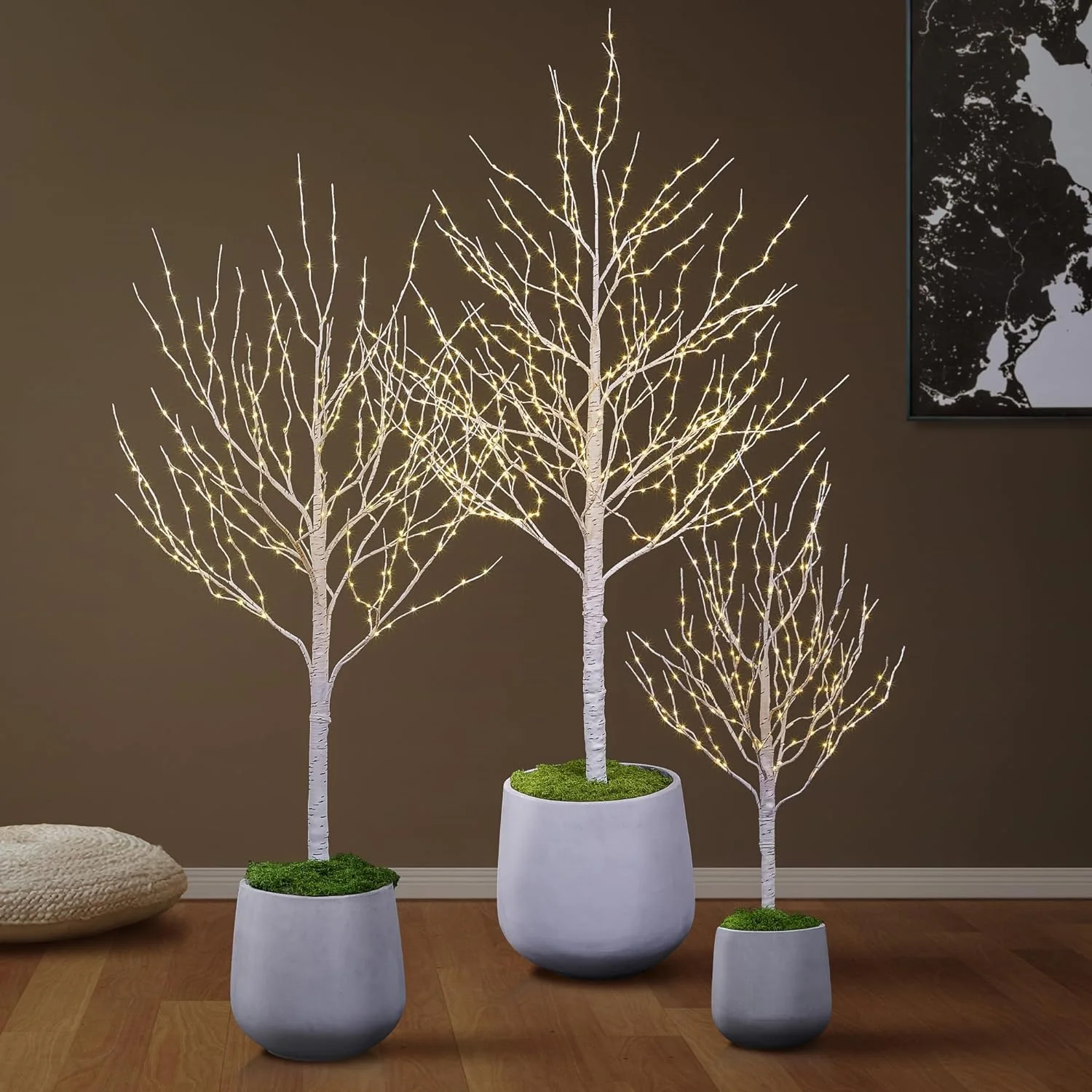 Lighted Birch Twig Tree with Fairy Lights 4FT, 6FT ad 8FT, Pack of 3 Warm White for Idoor Outdoor Home Christmas Holiday Decoratio