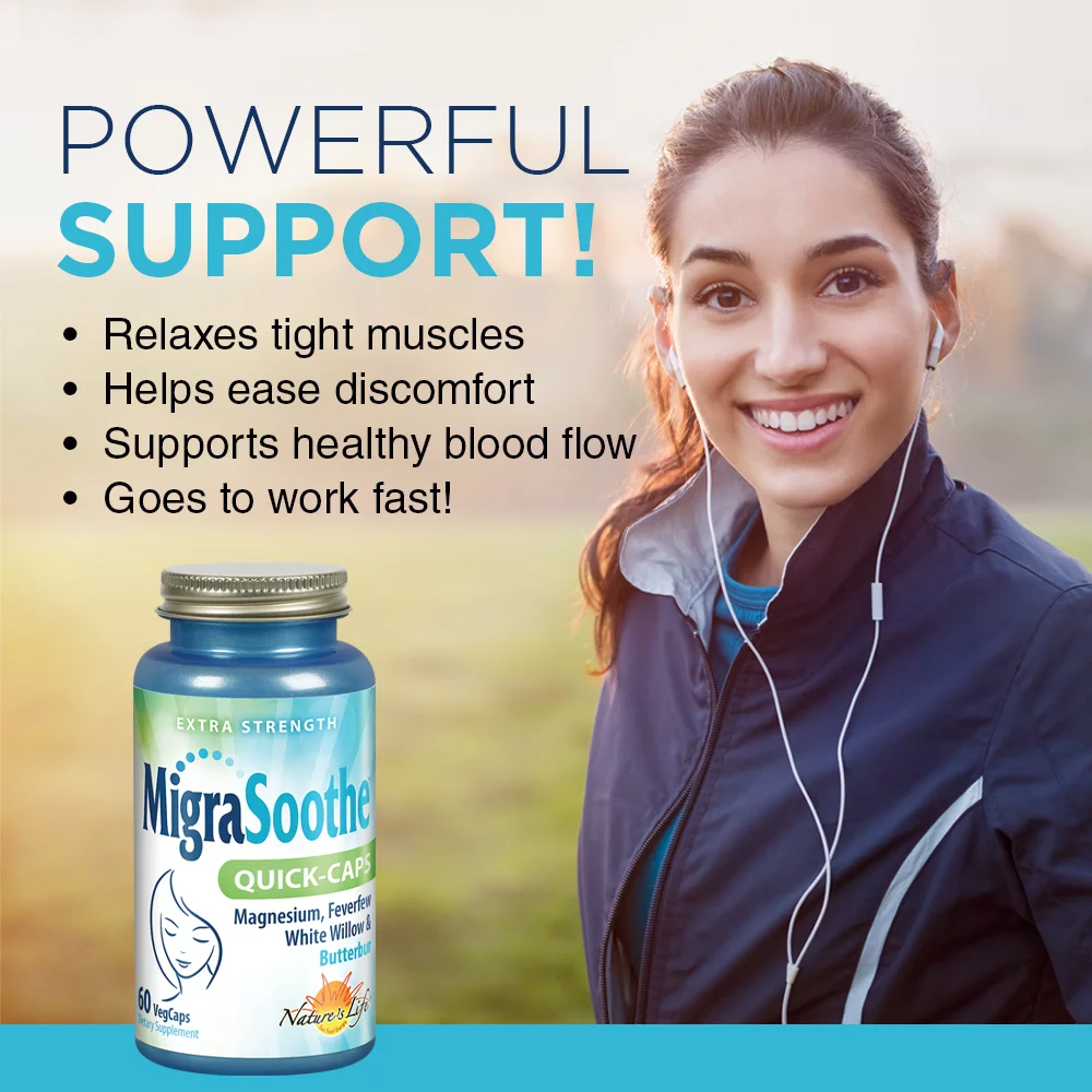 Nature's Life MigraSoothe Quick-Caps | Extra Strength Formula with Magnesium, Feverfew, White Willow | 60ct, 30 Serv.