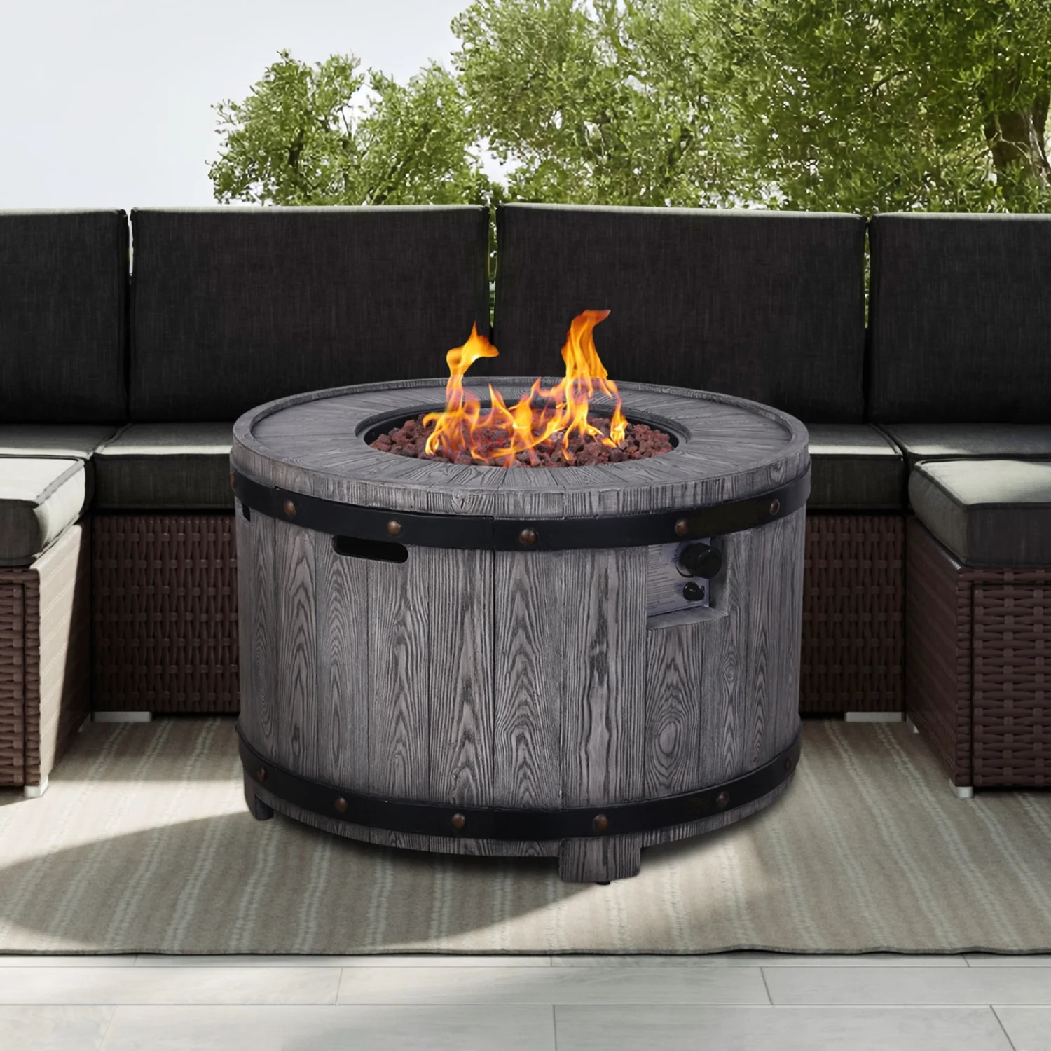 Transform your patio into a luxurious and vibrant resort experience with our best-selling faux wood grain gas fire pit table. This exquisite addition will elevate your outdoor space to ne