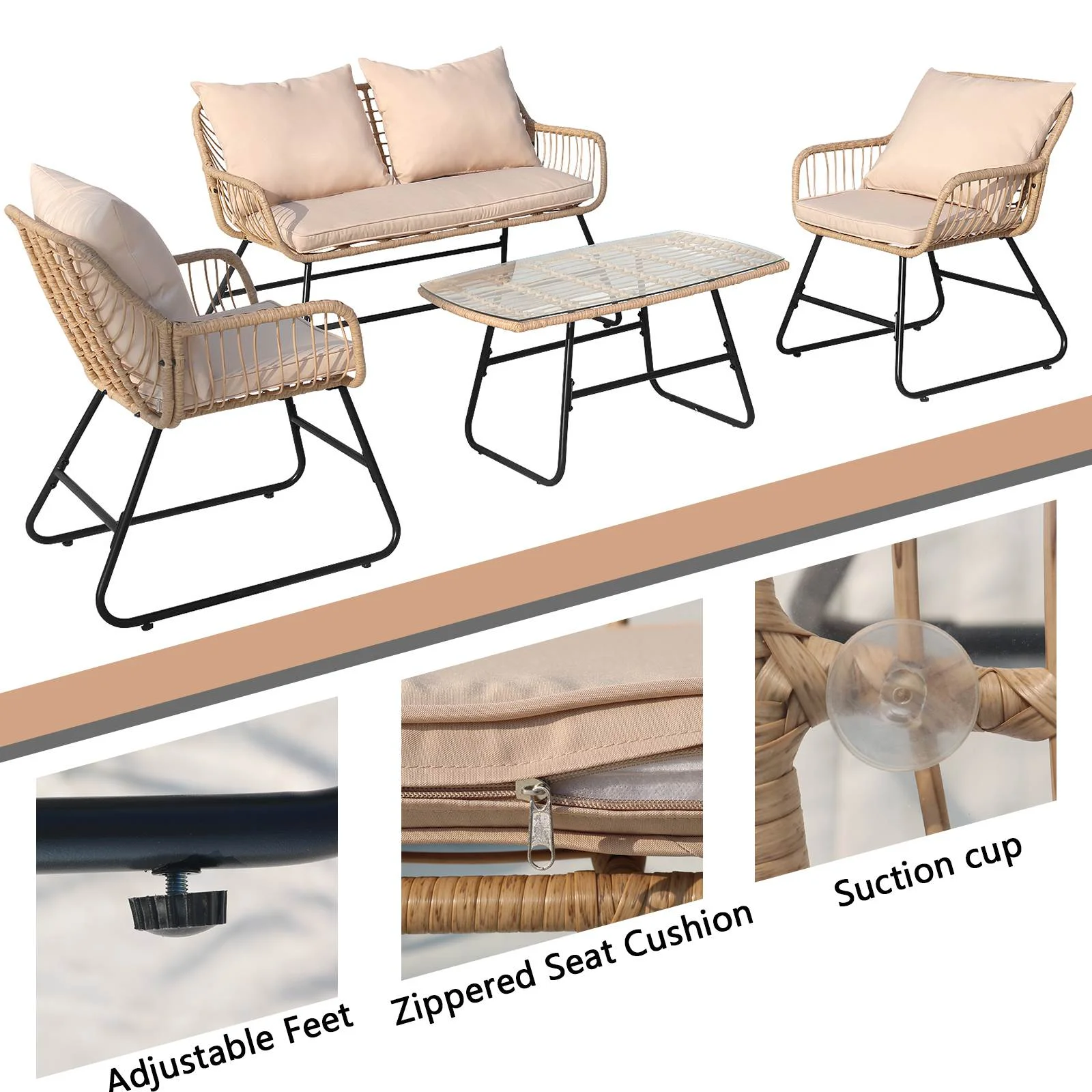 VIXLON 4 Pieces Patio Conversation Set Outdoor Furniture Set with Washable Cushions for Balcony Bistro