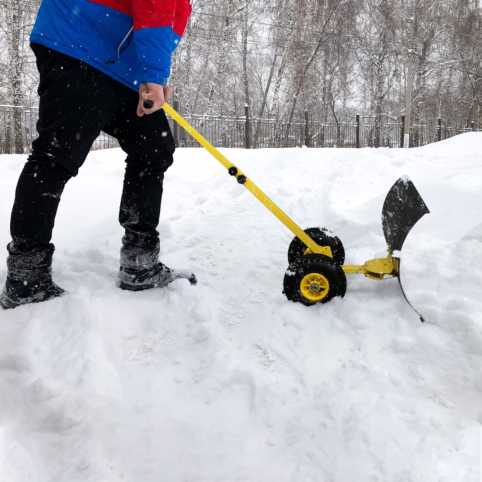 Long Snow Plow Shovel Angle & Height Adjustable Padded Handle Efficient Snow Clean Tool for Driveway or Pavement Yellow