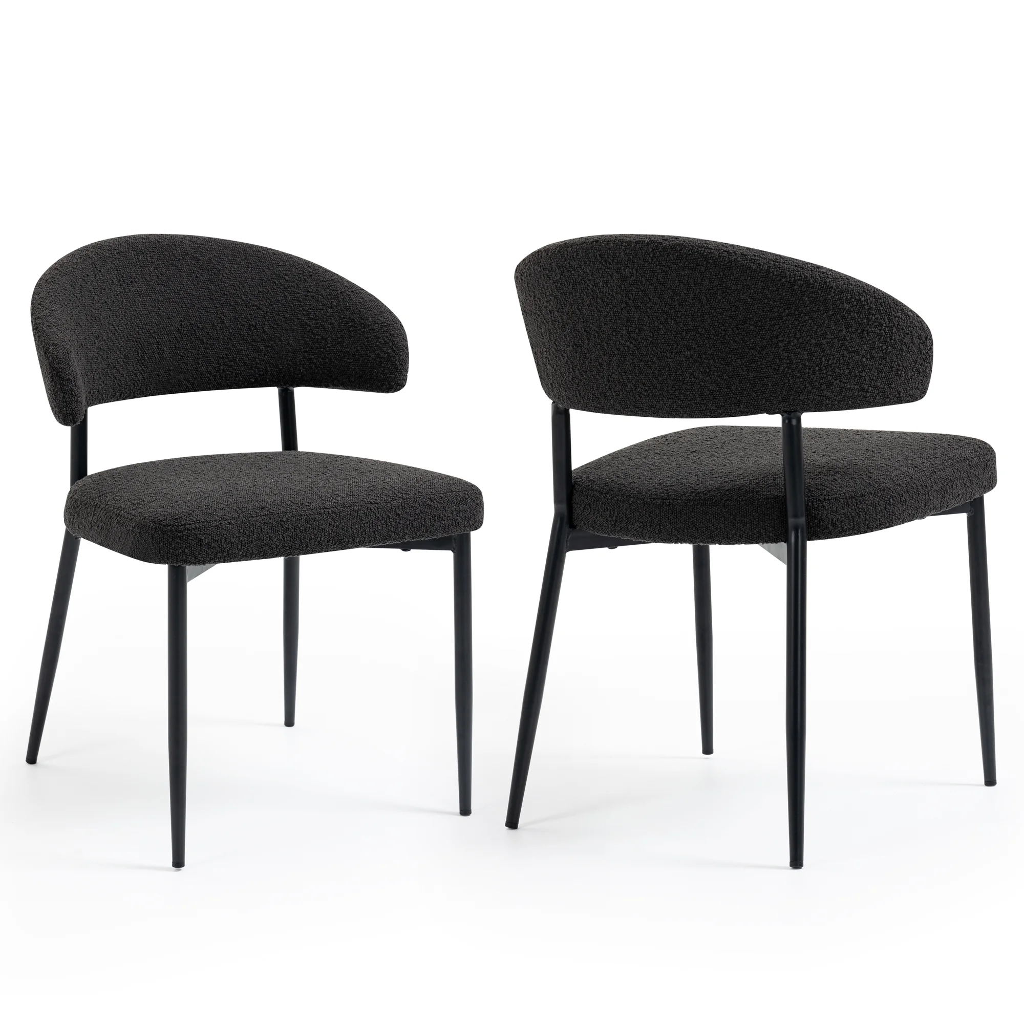 Set of 2 Ayoka Black Boucle Fabric Dining Chairs with Black Iron Legs