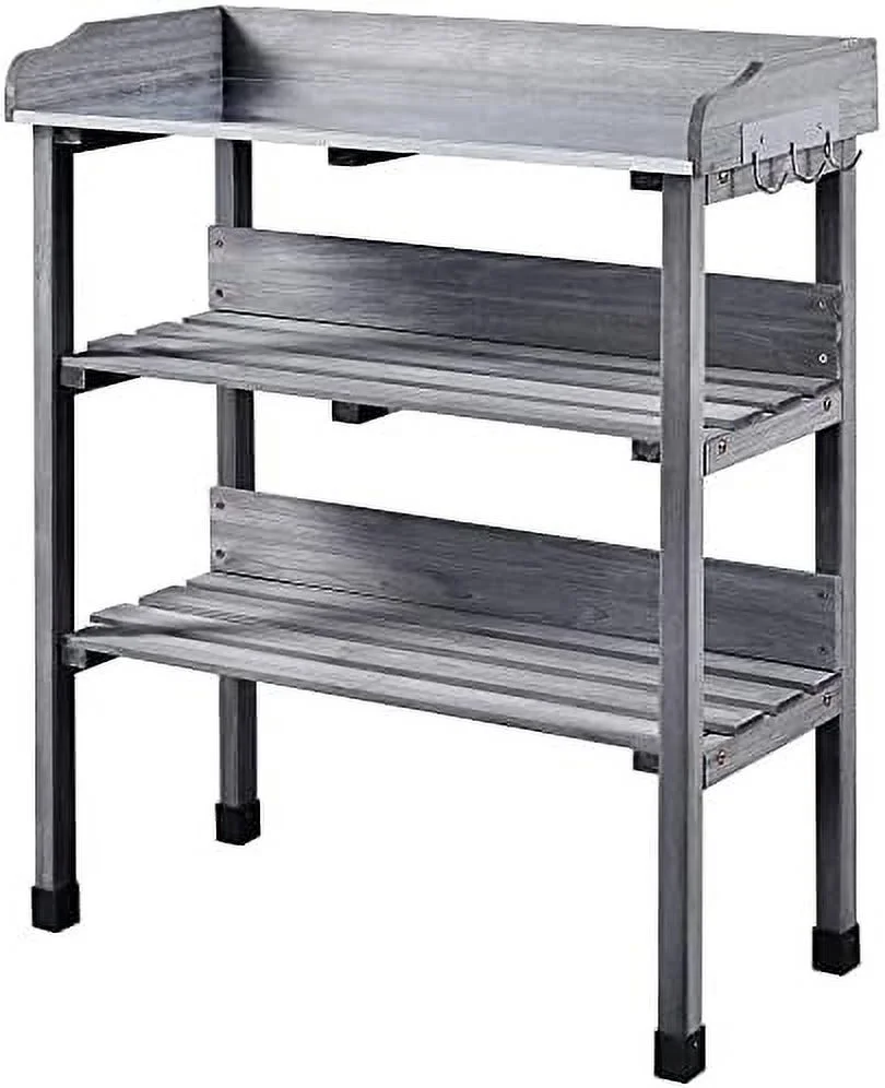HBLUKDL Potting Bench Table w/Metal Tabletop for Garden  Fir Wood Workstation w/3 Tier Shelves  Outdoor Work Bench w/Hook Natural Wood