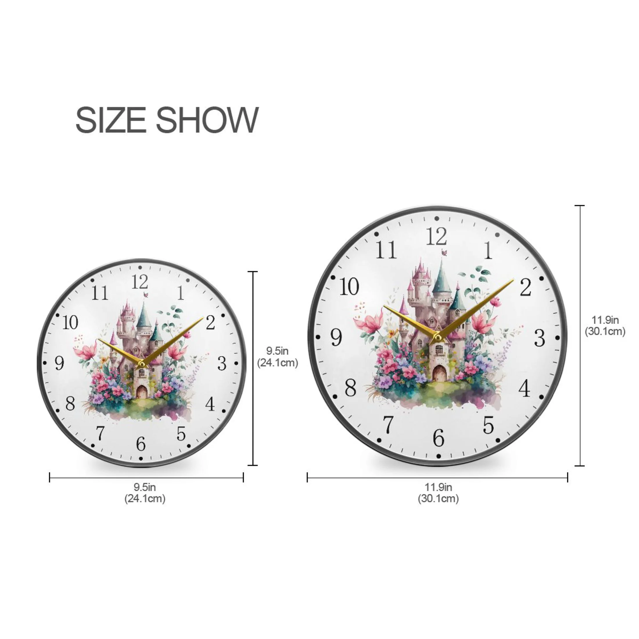 Fairytale Castle in Watercolor Acrylic Wall Clocks Quiet Round Clock Battery Operated Non-Ticking Clock for Bedroom Kitchen Office Decorative 11.9 Inch