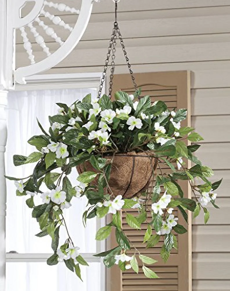 OakRidge Fully Assembled Impatiens Hanging Basket – Large Artificial Flower Outdoor or Indoor Decoration with Hook - White
