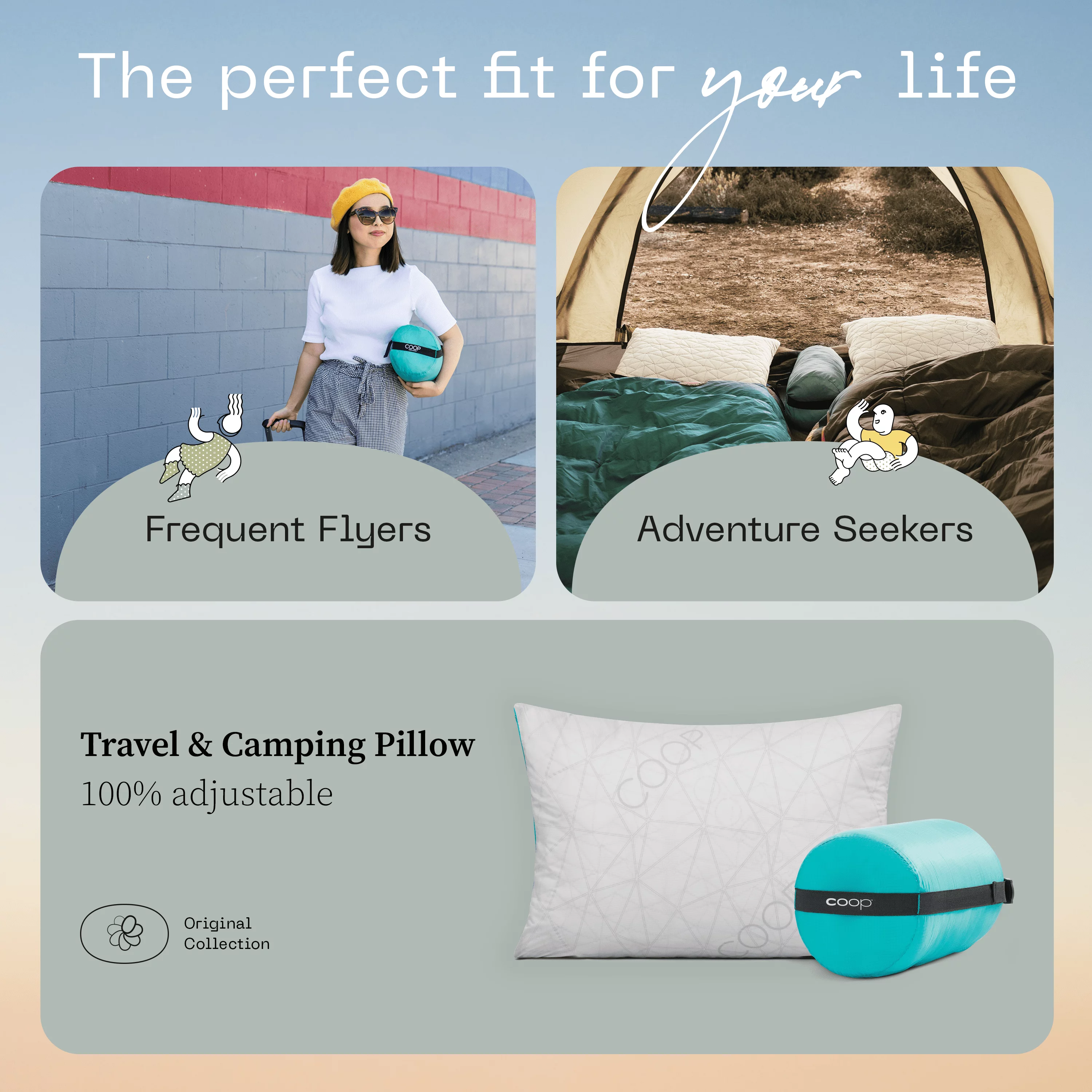 Coop Home Goods Adjustable Travel Pillow - 1 Camping Pillow and 1 Grey Pillowcase Bundle w/ Compressible Stuff Sack