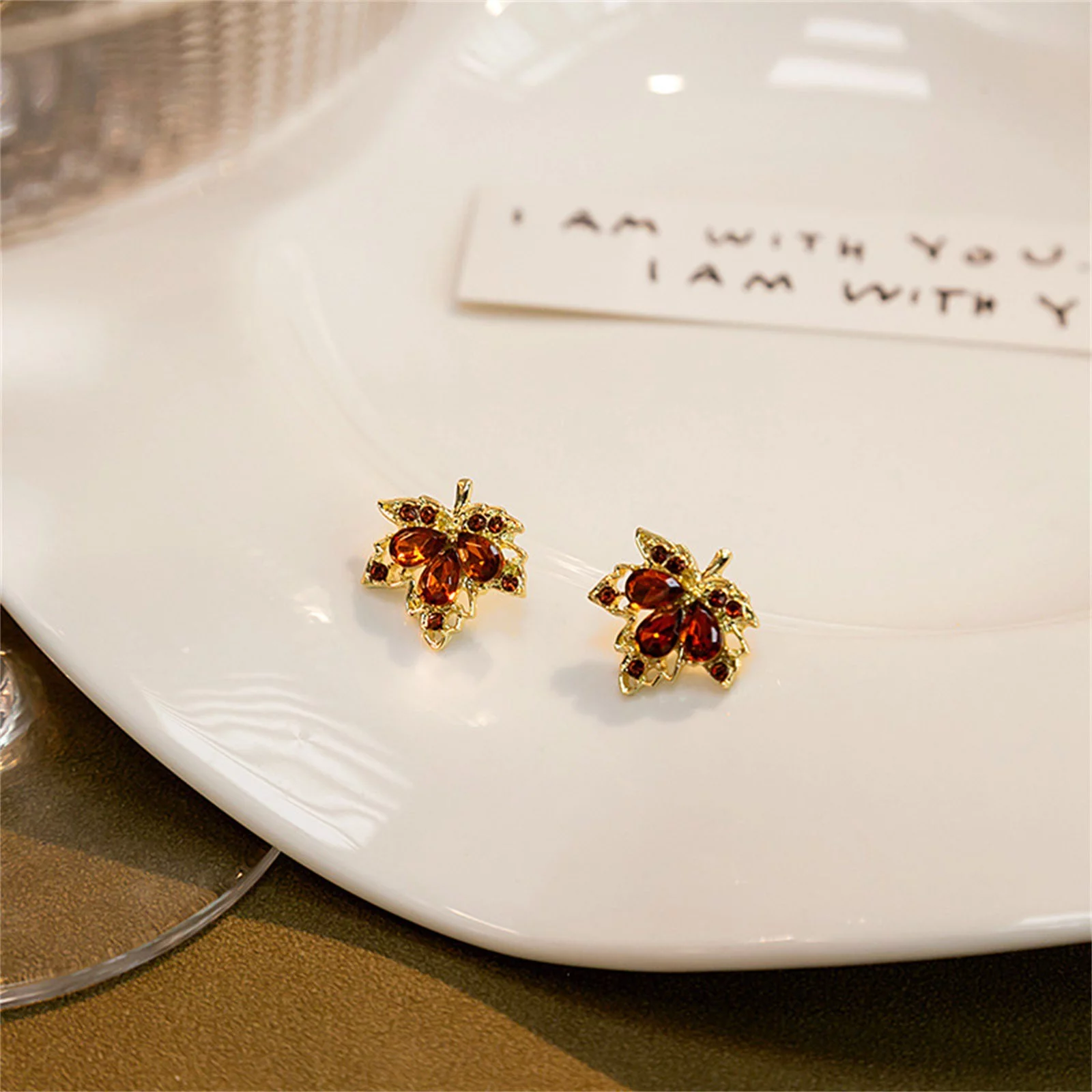 BOLUOYI Graduation Dress Sparkling Diamond Water Drop Maple Leaf Earrings Light Small Romanticss Autumn and Winter Silver Needle Earrings Female