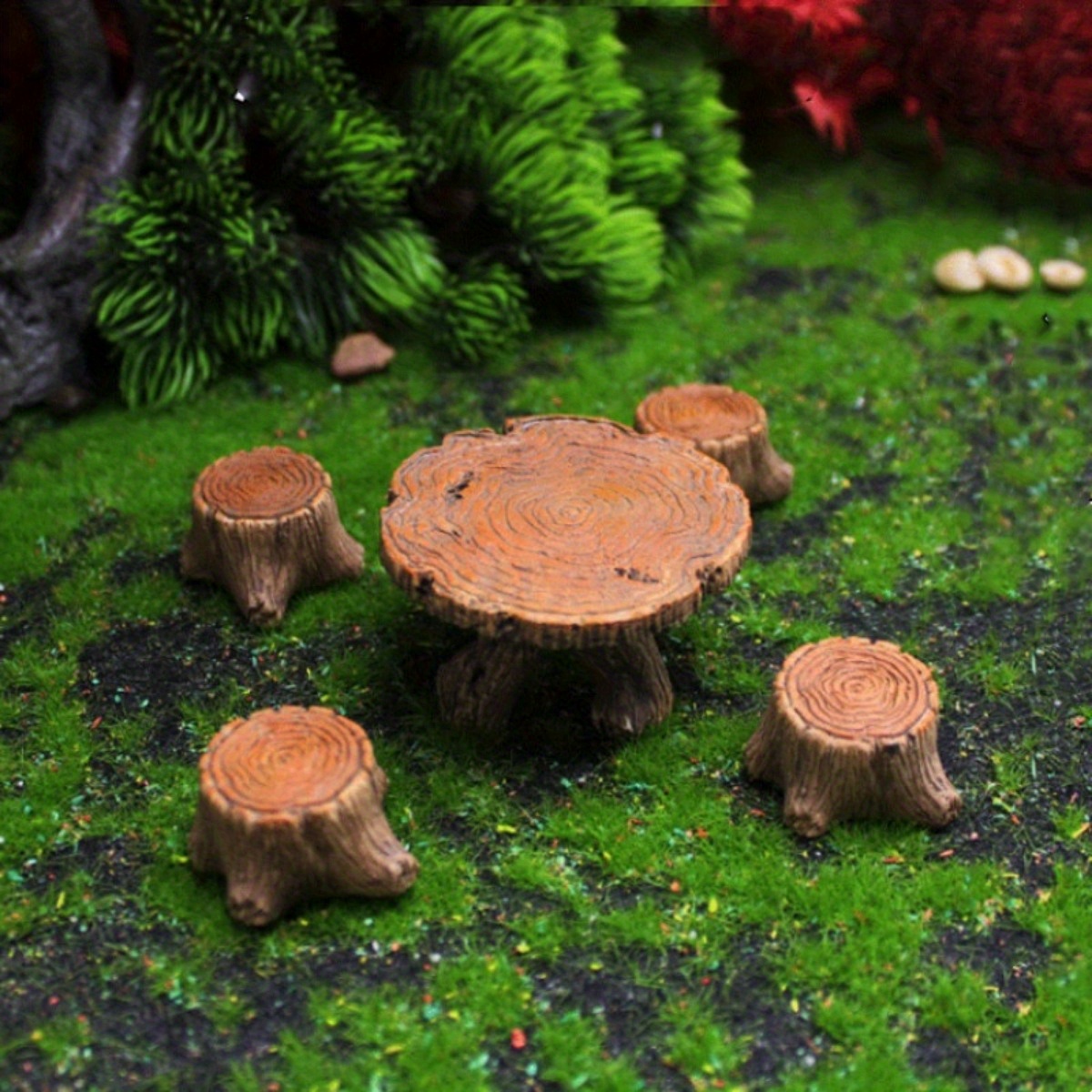 NSXXKJ 5pcs/set Mini Wooden Pile Table and Chair Ornaments, Micro Landscape Garden Creative Small Decorations, Garden Art Accessories, Resin Crafts