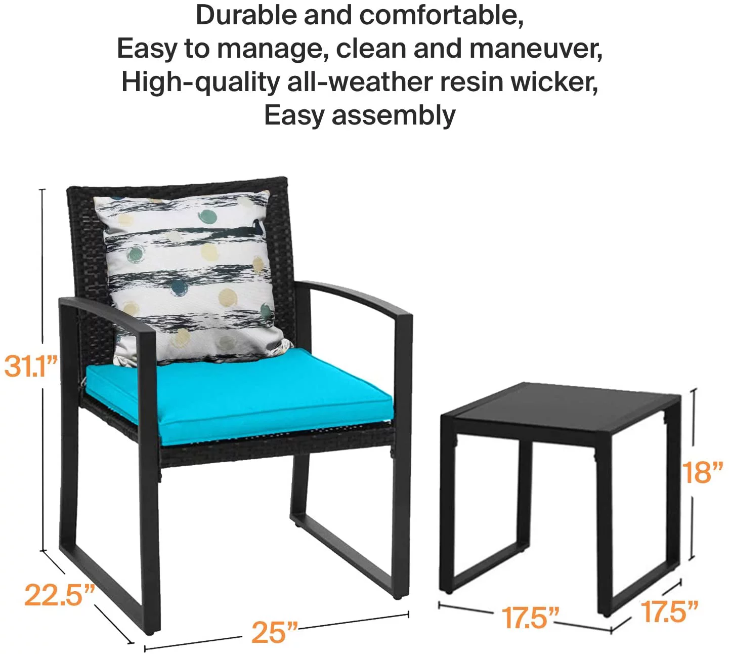 Patio Garden Balcony and Backyard 3-Piece Conversation Black Wicker Furniture-Two Chairs with Glass Coffee Table Light Blue