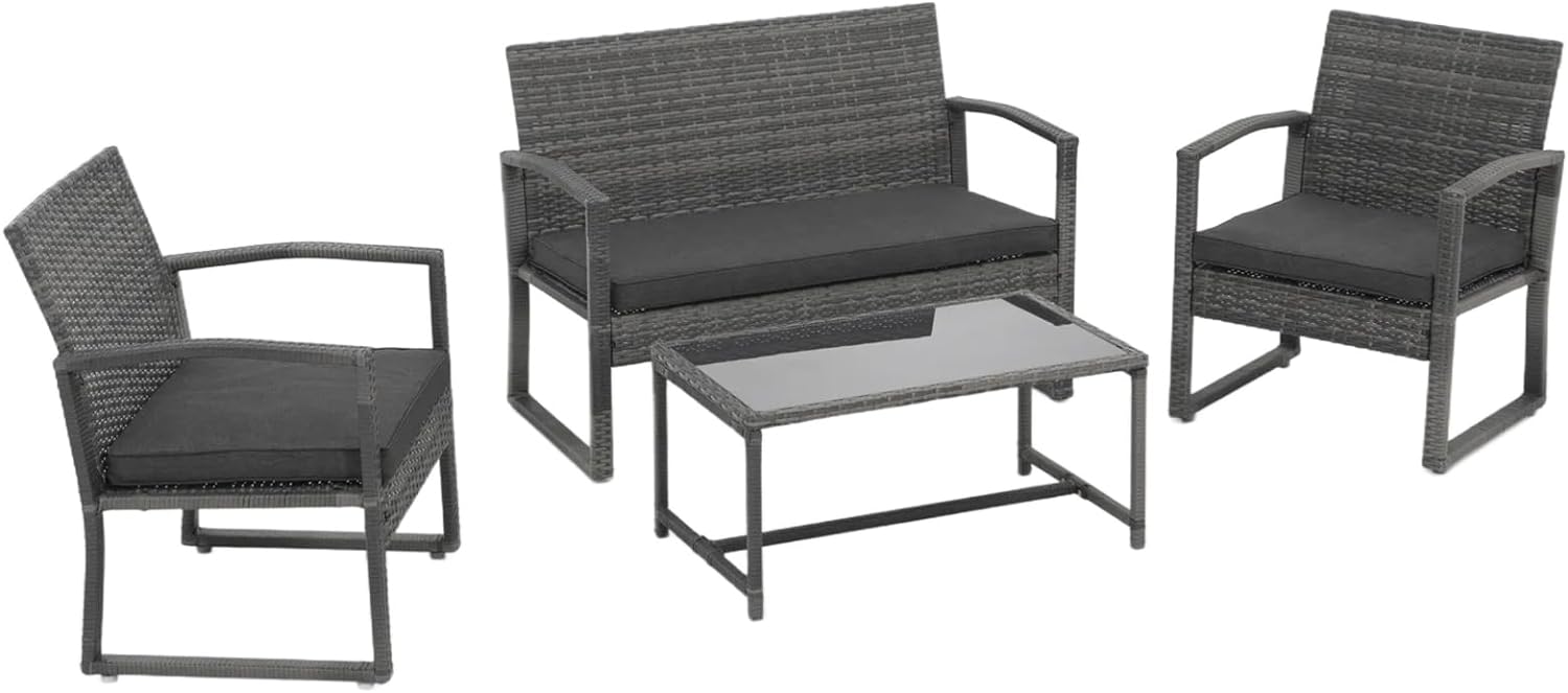 Dina 4 Pieces Outdoor Patio Furniture Set  Outdoor Wicker Conversation Set  Patio Rattan Chair Set  Modern Bistro Set with Coffee Table  Garden Balcony Backyard Poolside (Dark Grey)