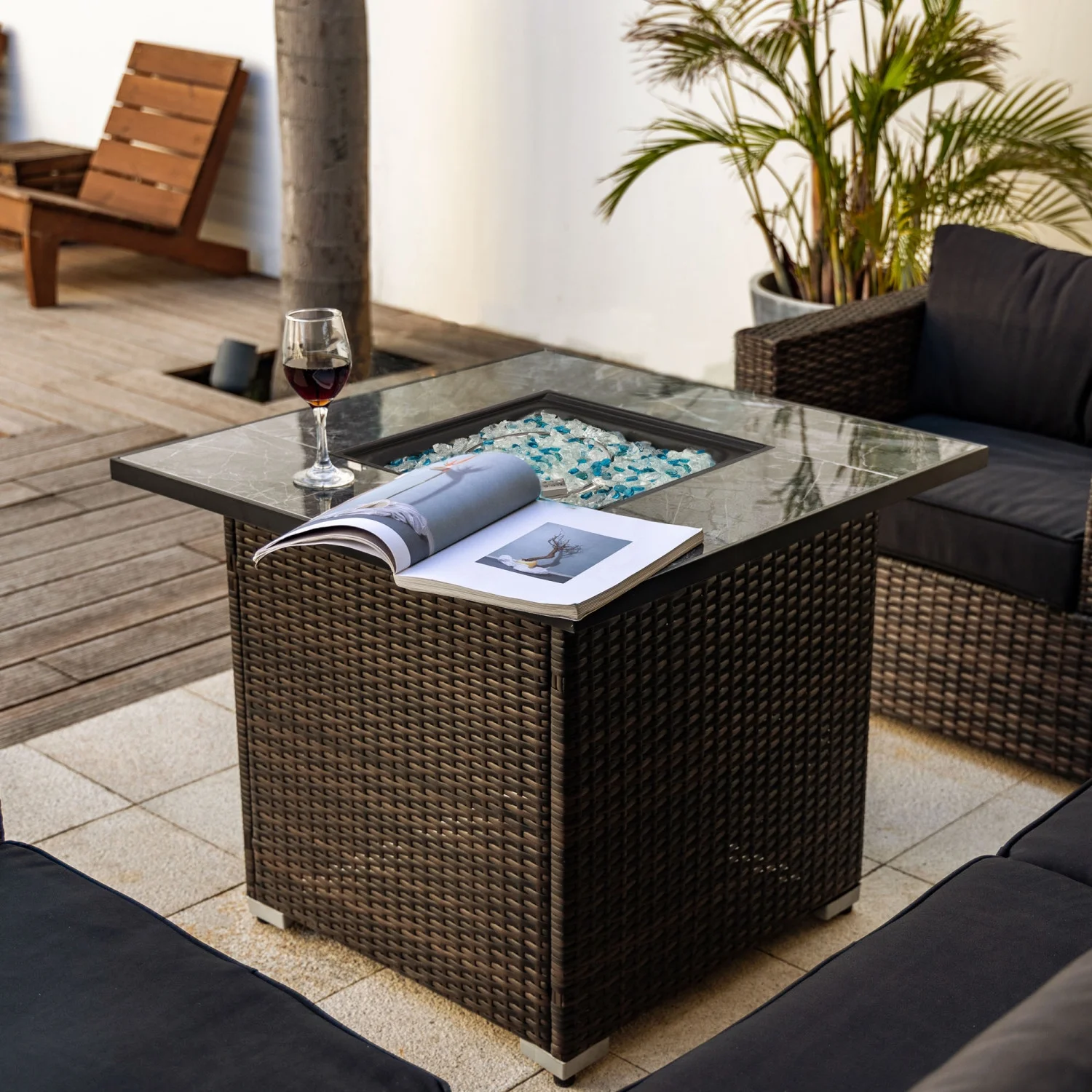 Stylish 30-inch Outdoor Propane Gas Fire Pit Table with Lid - Modern Gas Fire Table with Glass Rocks  Includes Rain Cover - Perfect for Outdoor Gatherings and Entertaining
