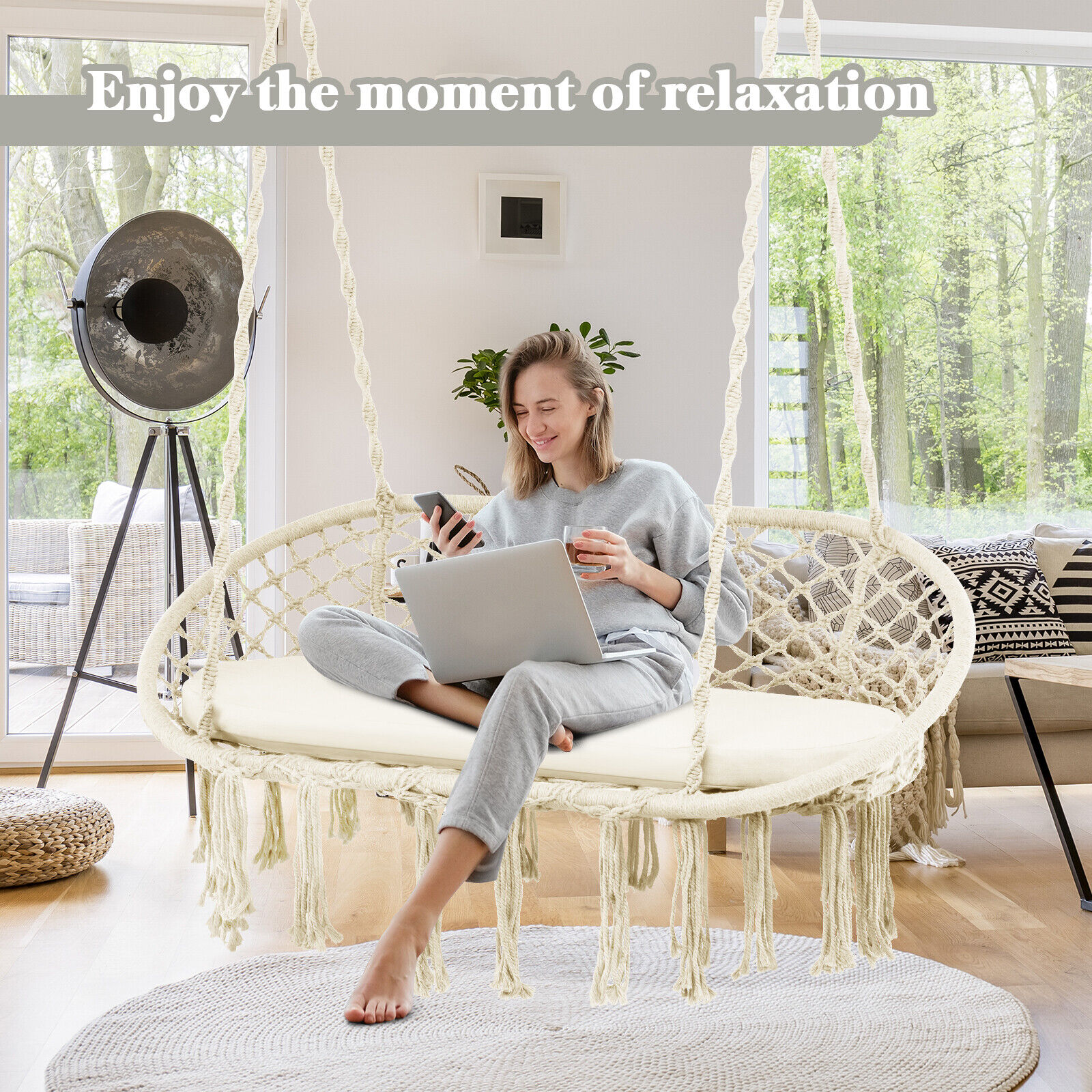 2 Person Hanging Hammock Chair with Cushion Macrame Swing 330 lbs Capacity Beige