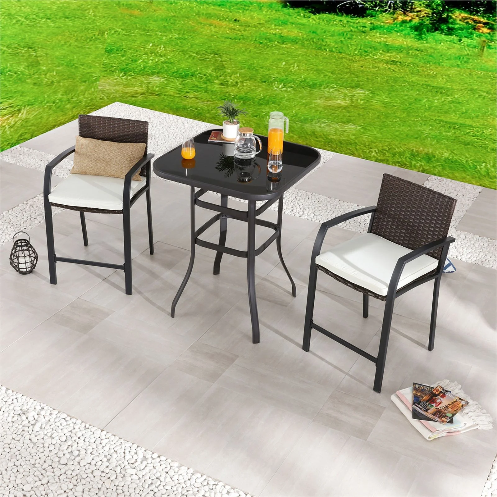 Patio Festival Fabric 3-Piece Outdoor Bistro Dining Set in Beige/Black